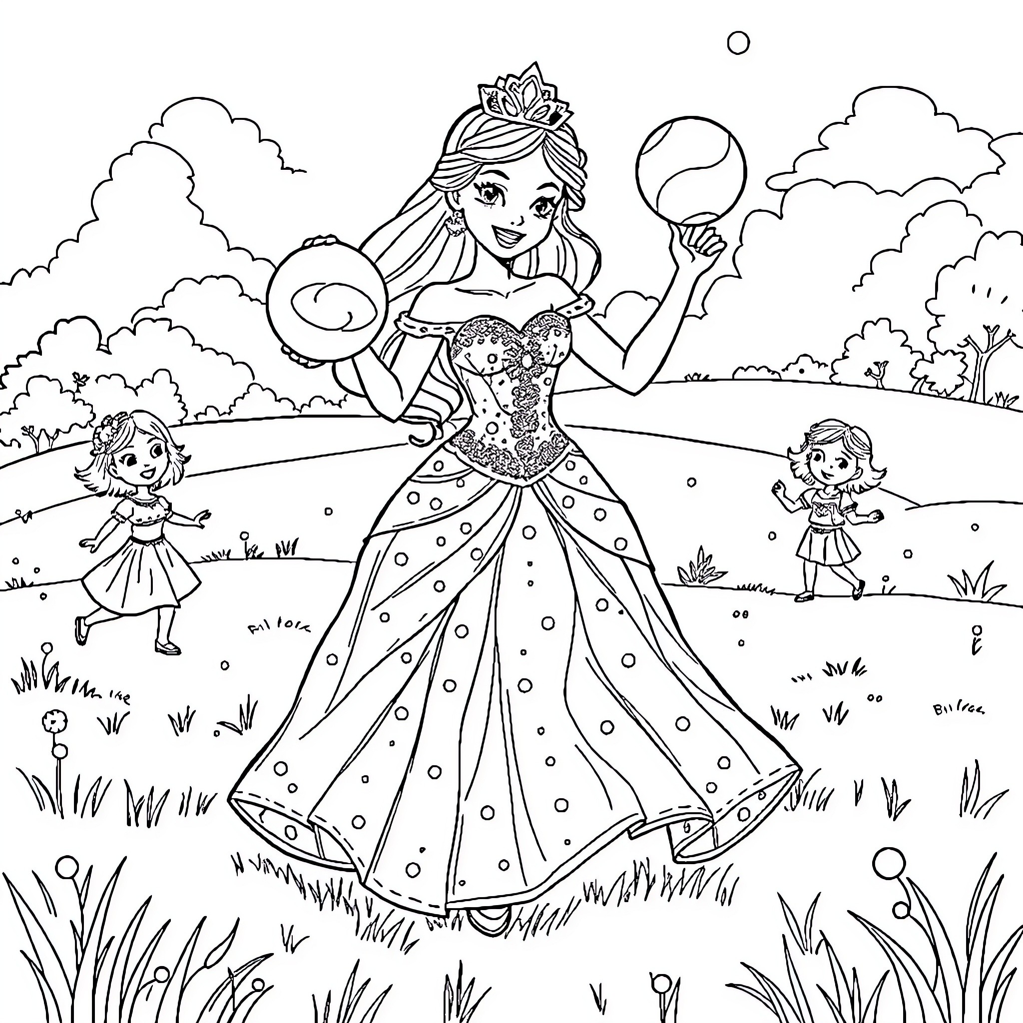 Princess Playing Ball with Children in the Park Coloring Page (free black-and-white line drawing printable PDF for all, from beginners to advanced learners, including children, teens, adults, and seniors)