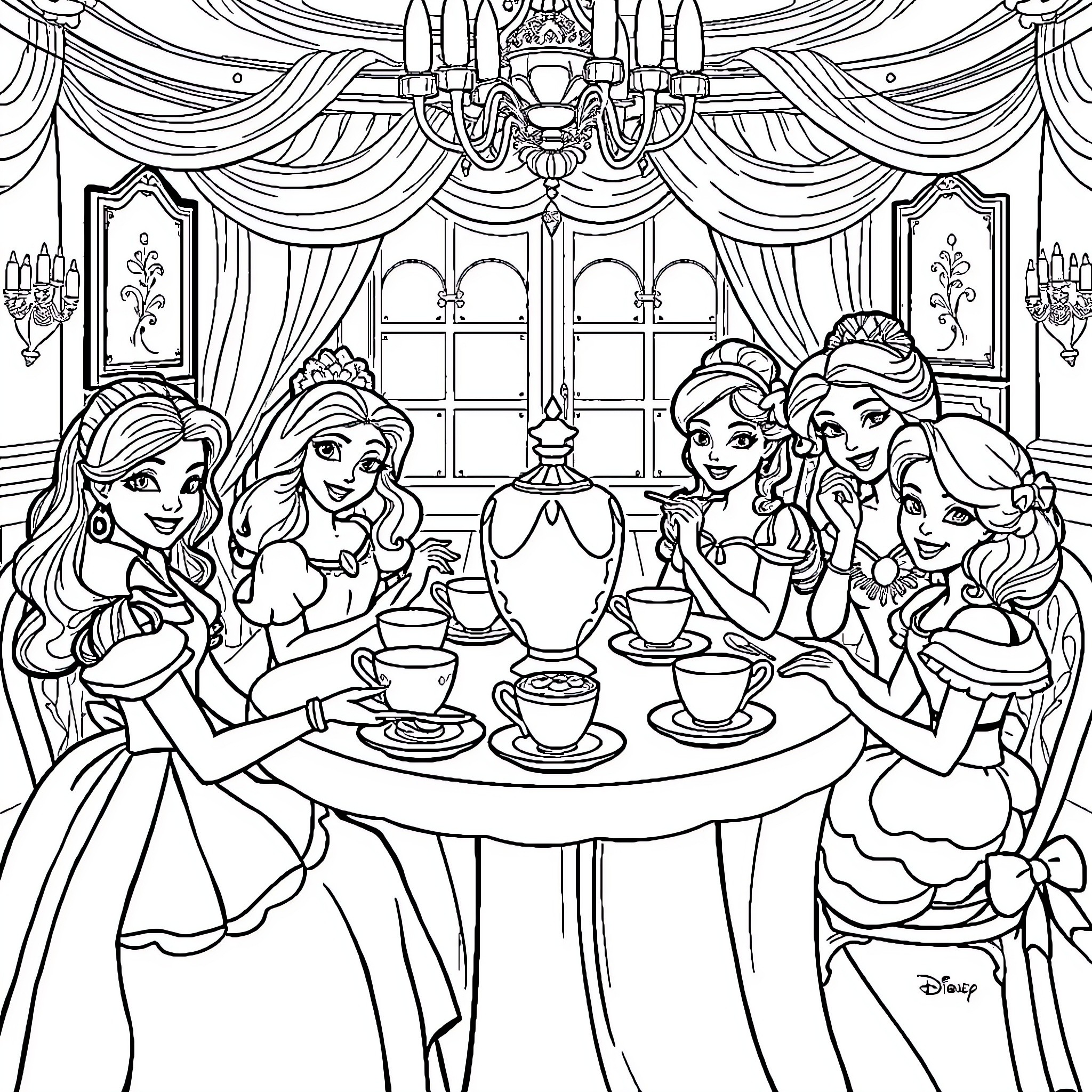 Princess Tea Party in Royal Palace Coloring Page (free black-and-white line drawing printable PDF for all, from beginners to advanced learners, including children, teens, adults, and seniors)