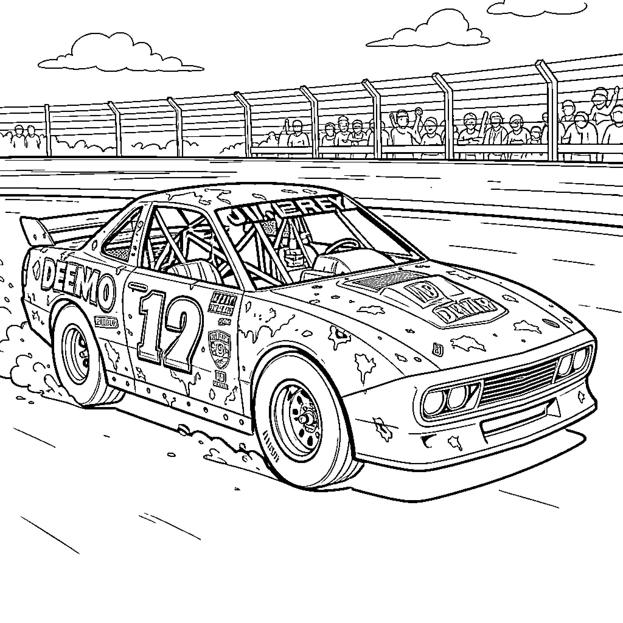 Demo Derby Car Crashing through the Racetrack Coloring Page (free black-and-white line drawing printable PDF for all, from beginners to advanced learners, including children, teens, adults, and seniors)