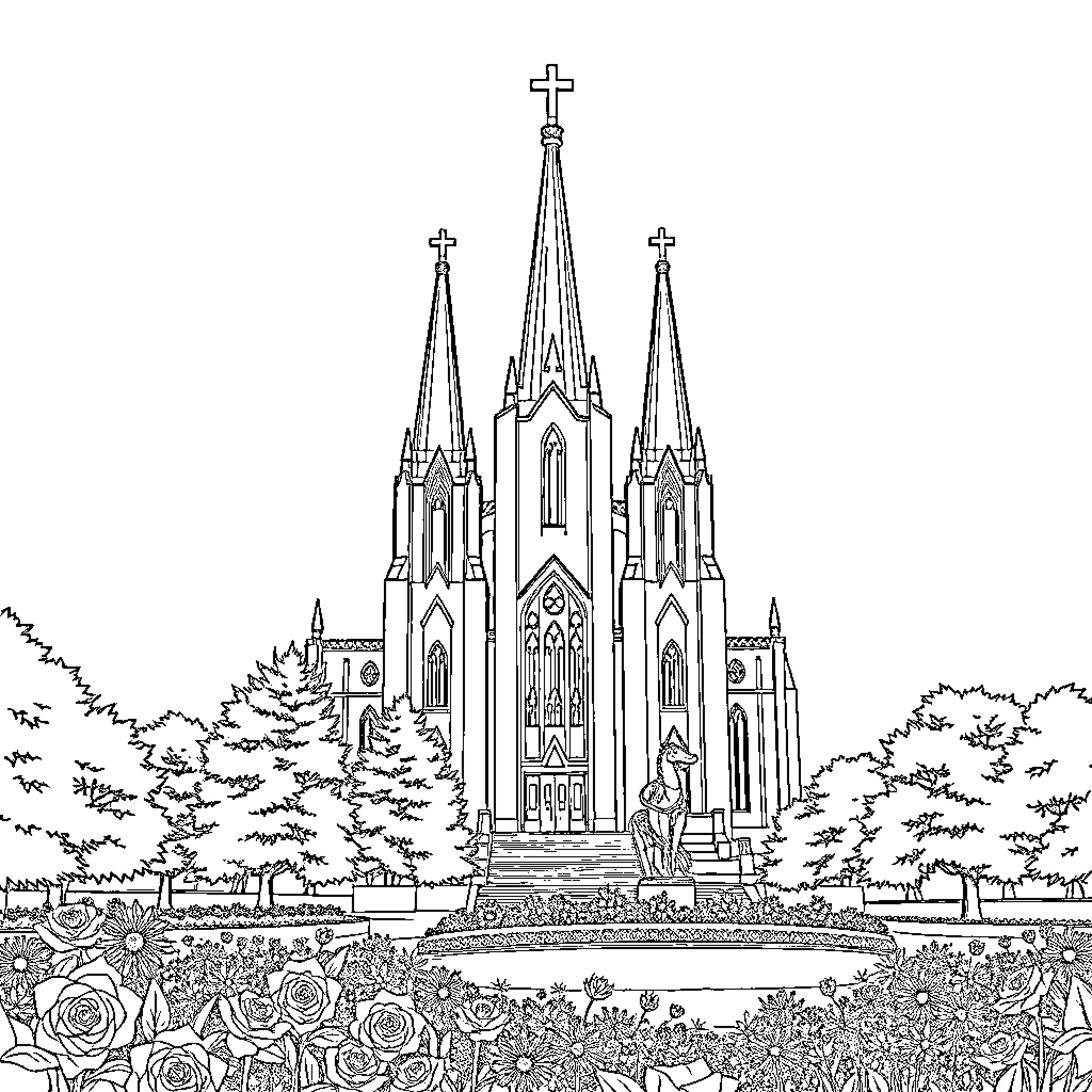 Temple with ornate spires and surrounded by nature Coloring Page (free black-and-white line drawing printable PDF for all, from beginners to advanced learners, including children, teens, adults, and seniors)