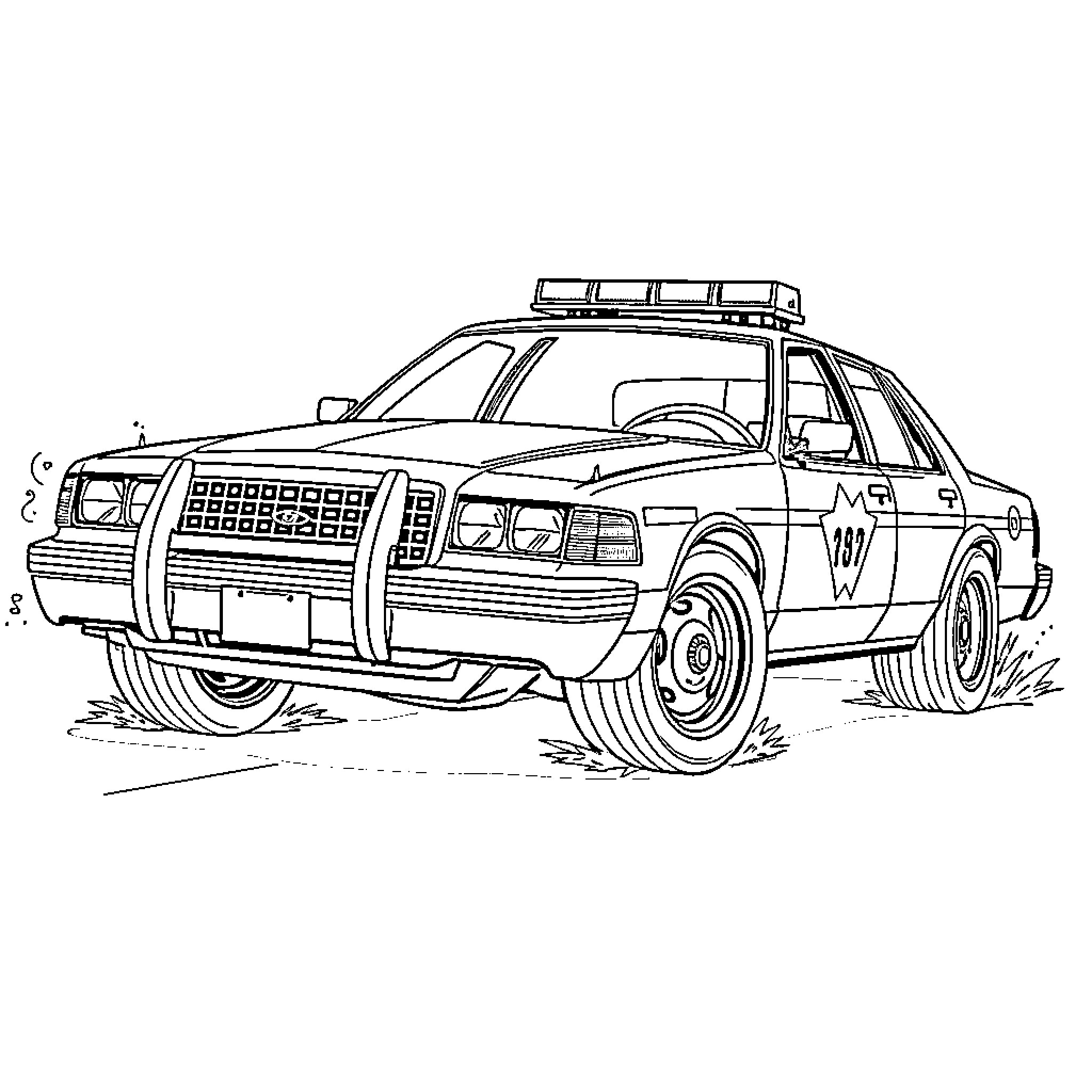 Car police vehicle with lights and sirens Coloring Page (free black-and-white line drawing printable PDF for all, from beginners to advanced learners, including children, teens, adults, and seniors)