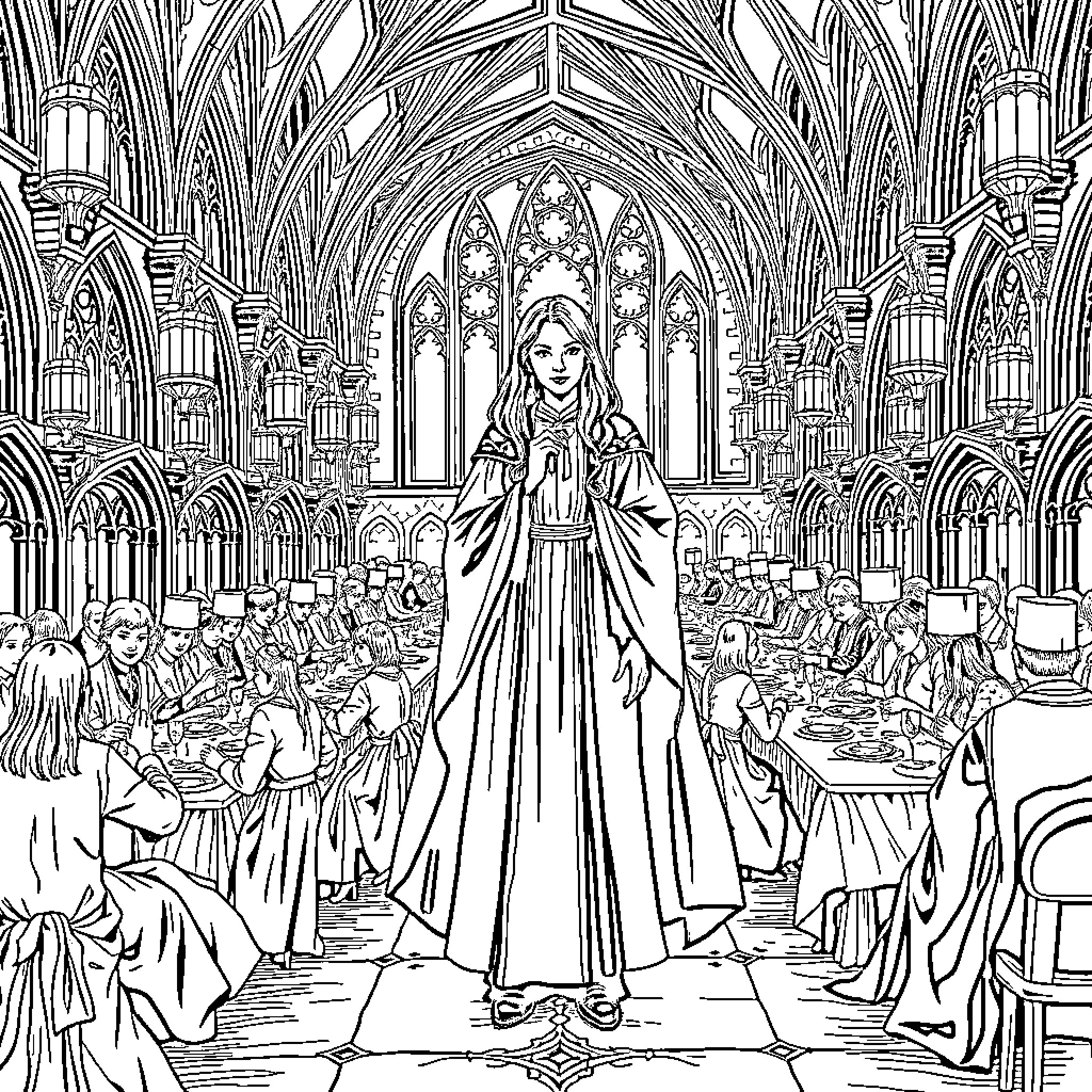Wizard Presiding Over a Grand Ceremony in a Majestic Cathedral Coloring Page (free black-and-white line drawing printable PDF for all, from beginners to advanced learners, including children, teens, adults, and seniors)