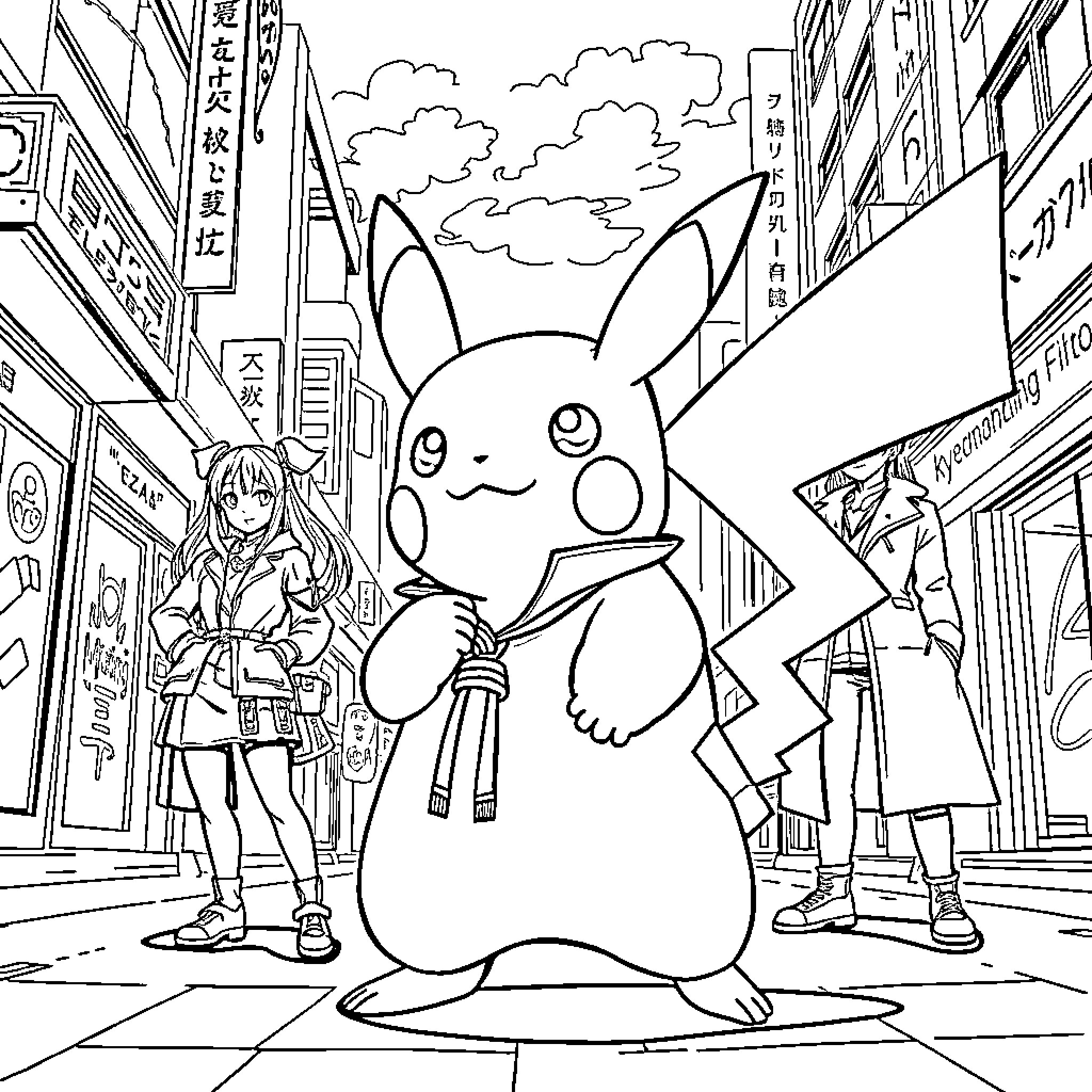 Pikachu exploring a lively city with a young girl Coloring Page (free black-and-white line drawing printable PDF for all, from beginners to advanced learners, including children, teens, adults, and seniors)
