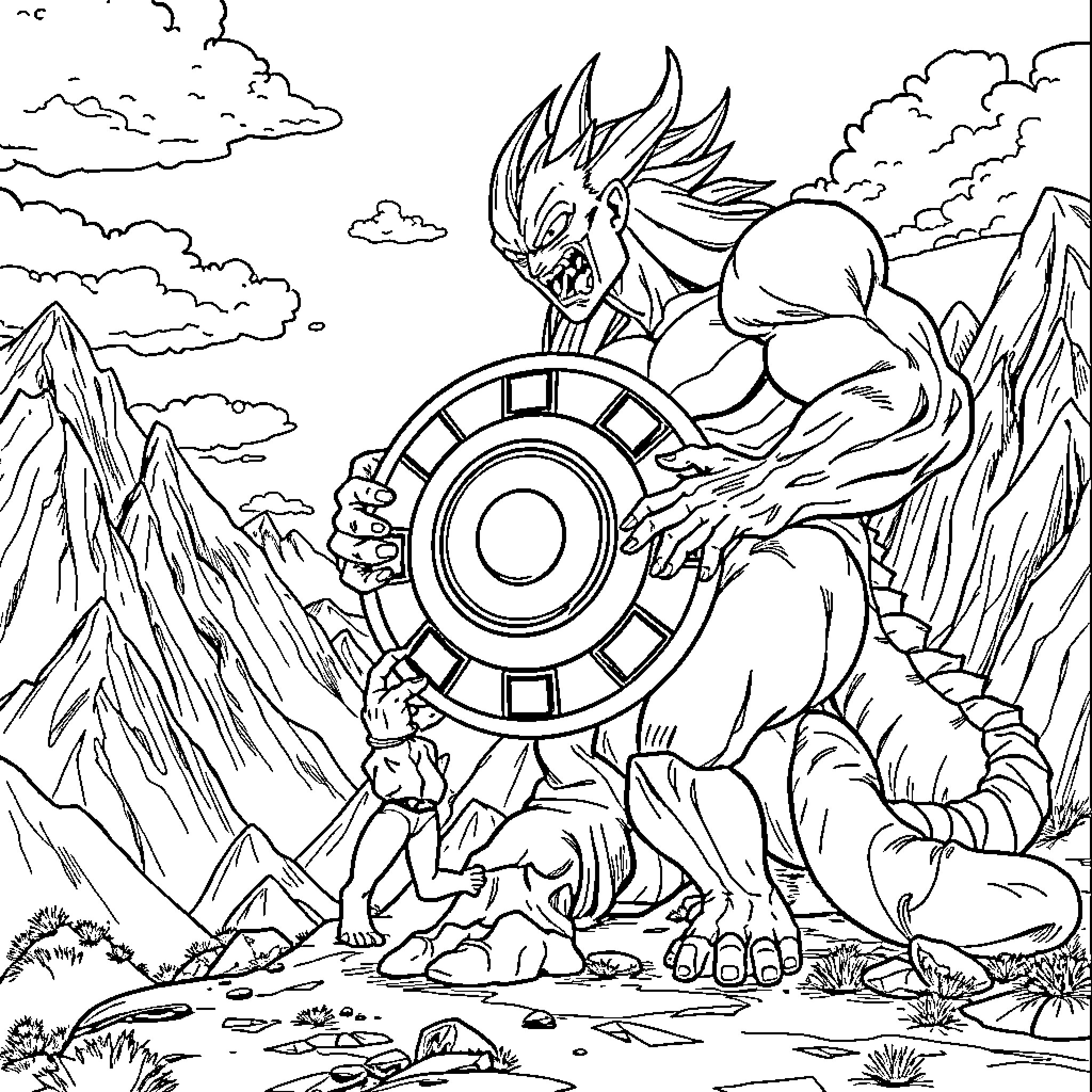 Krilin wielding a powerful energy shield in a mountainous landscape Coloring Page (free black-and-white line drawing printable PDF for all, from beginners to advanced learners, including children, teens, adults, and seniors)