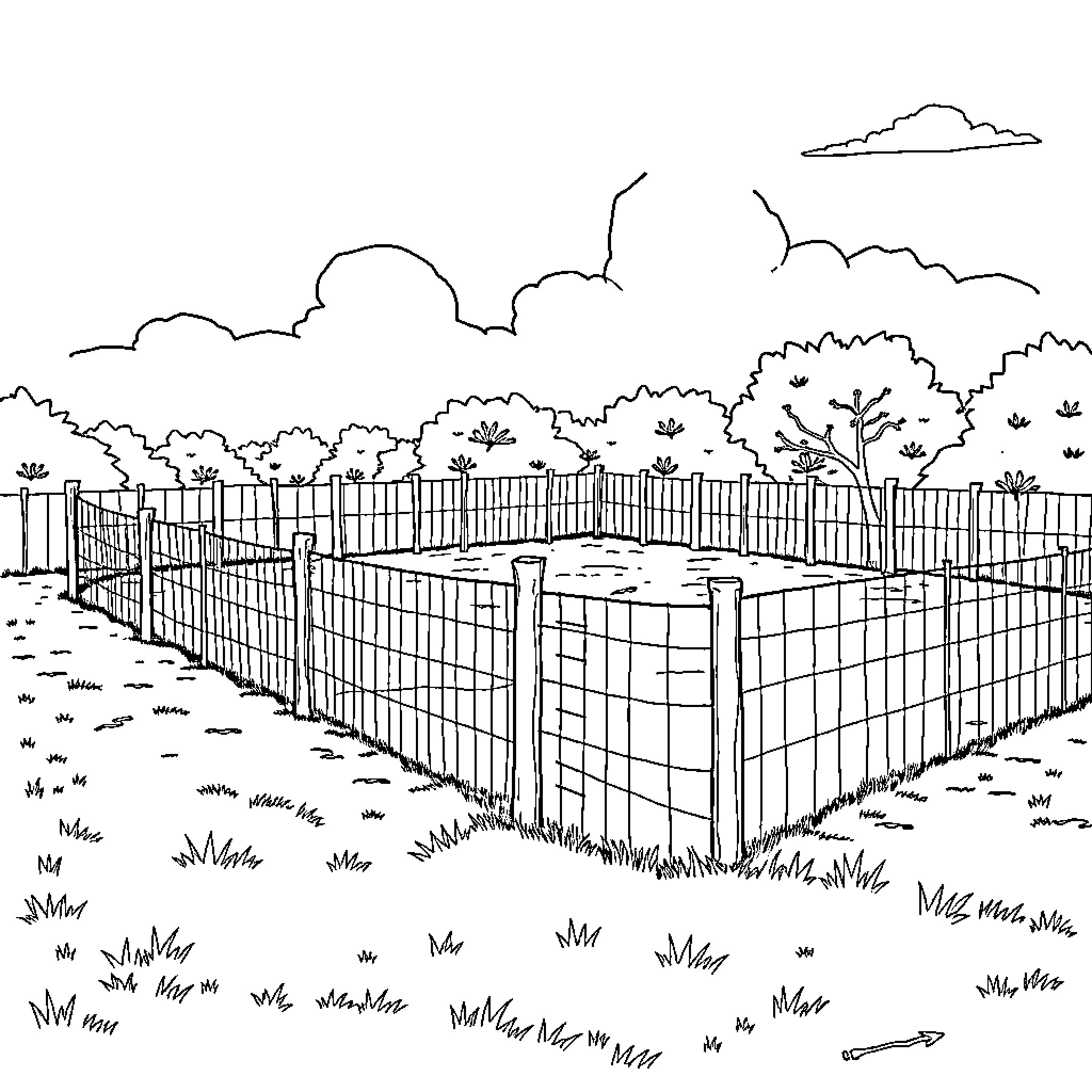 Animal enclosure in outdoor park setting Coloring Page (free black-and-white line drawing printable PDF for all, from beginners to advanced learners, including children, teens, adults, and seniors)