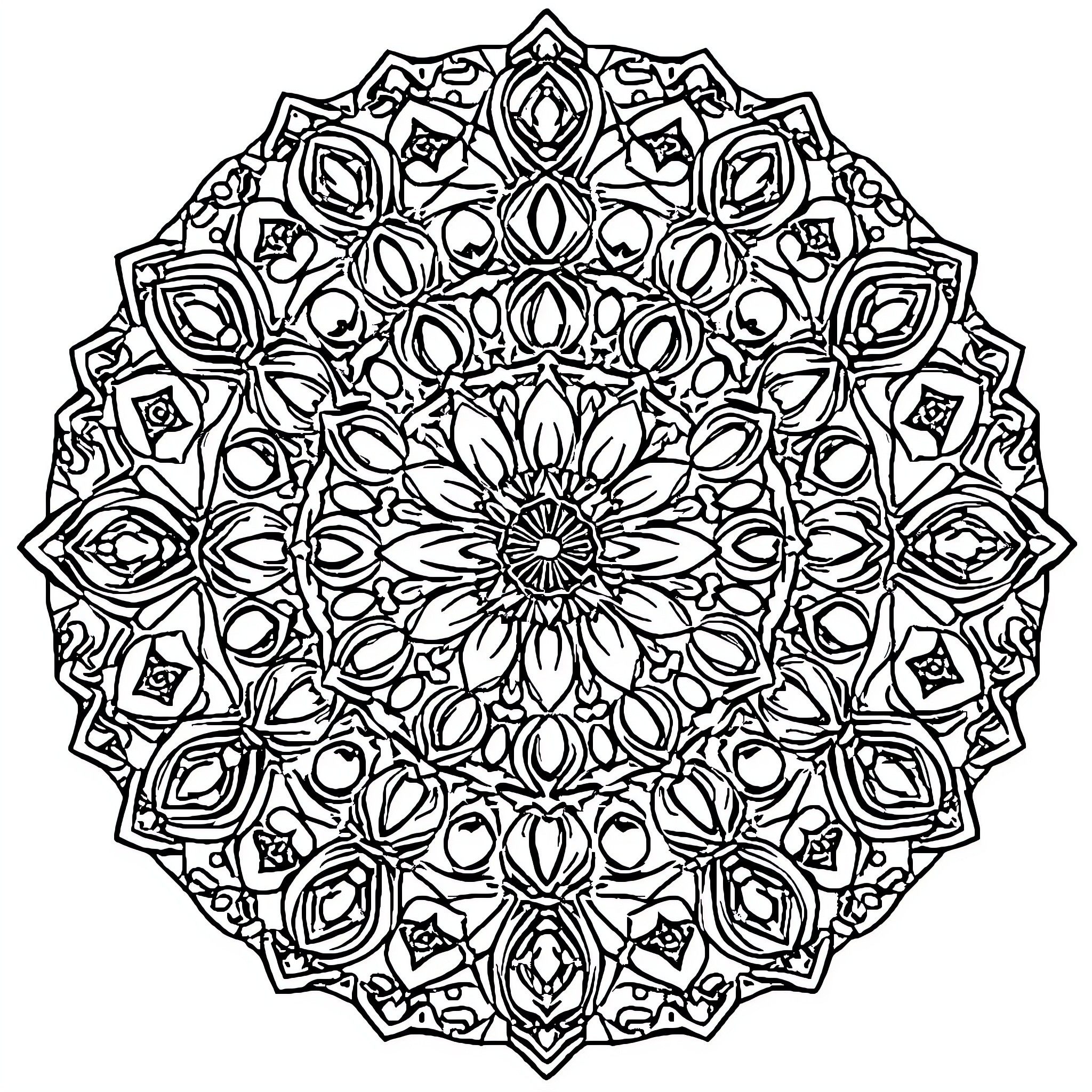 Lego Mandala Design with Intricate Patterns Coloring Page (free black-and-white line drawing printable PDF for all, from beginners to advanced learners, including children, teens, adults, and seniors)