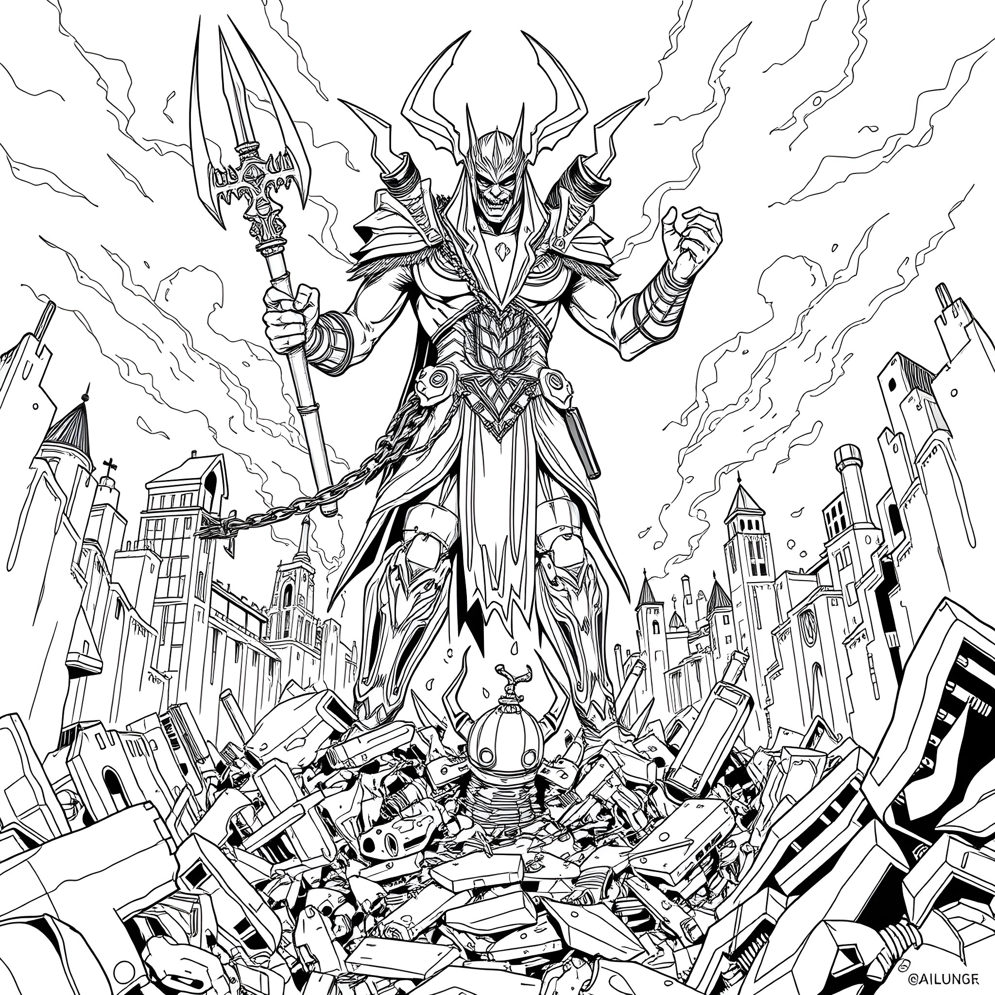 Nemesis Unleashing Chaos in the City Coloring Page (free black-and-white line drawing printable PDF for all, from beginners to advanced learners, including children, teens, adults, and seniors)