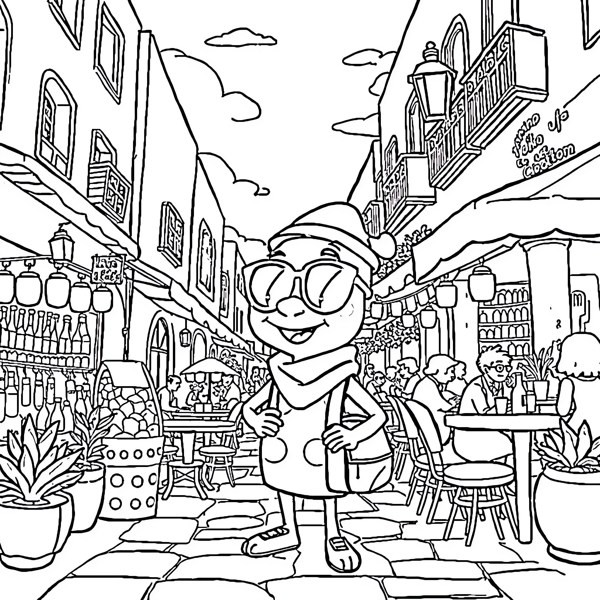 Labubu explores the lively street market Coloring Page (free black-and-white line drawing printable PDF for all, from beginners to advanced learners, including children, teens, adults, and seniors)