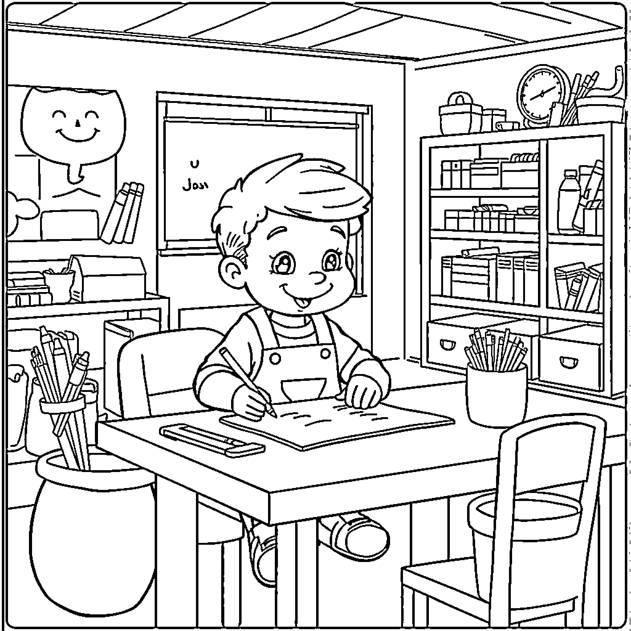 Bluey's Desk and School Supplies Coloring Page (free black-and-white line drawing printable PDF for all, from beginners to advanced learners, including children, teens, adults, and seniors)