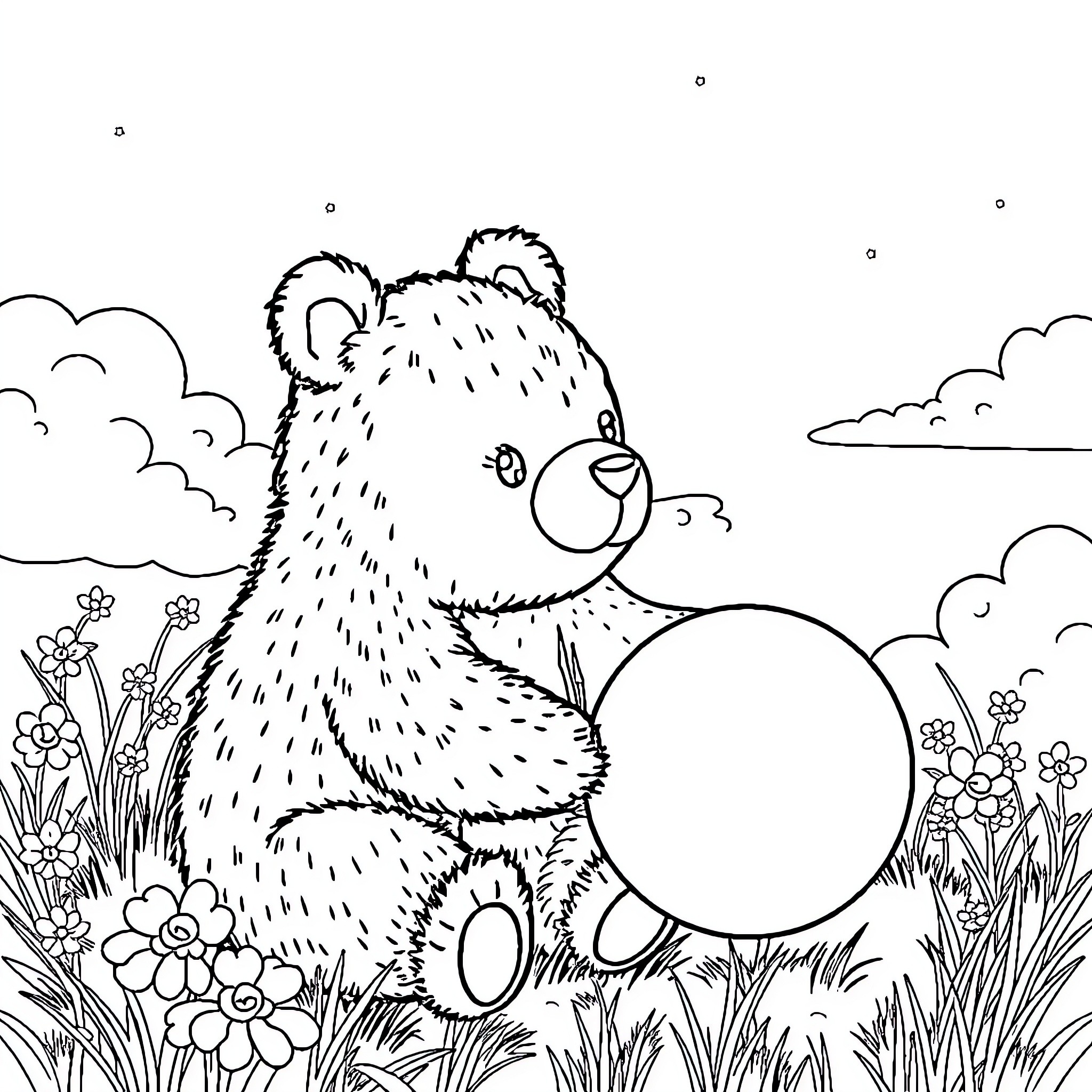 Teddy Bear enjoying nature with balloons Coloring Page (free black-and-white line drawing printable PDF for all, from beginners to advanced learners, including children, teens, adults, and seniors)