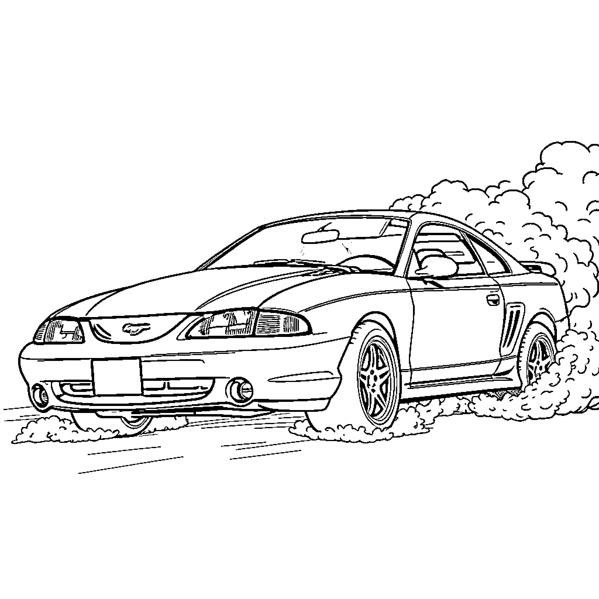 Mustang racing down the road with speed and power Coloring Page (free black-and-white line drawing printable PDF for all, from beginners to advanced learners, including children, teens, adults, and seniors)