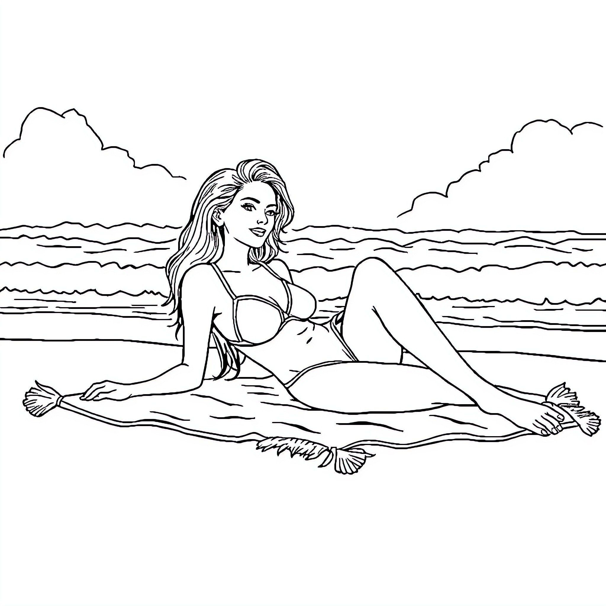 Woman relaxing on the beach Coloring Page (free black-and-white line drawing printable PDF for all, from beginners to advanced learners, including children, teens, adults, and seniors)