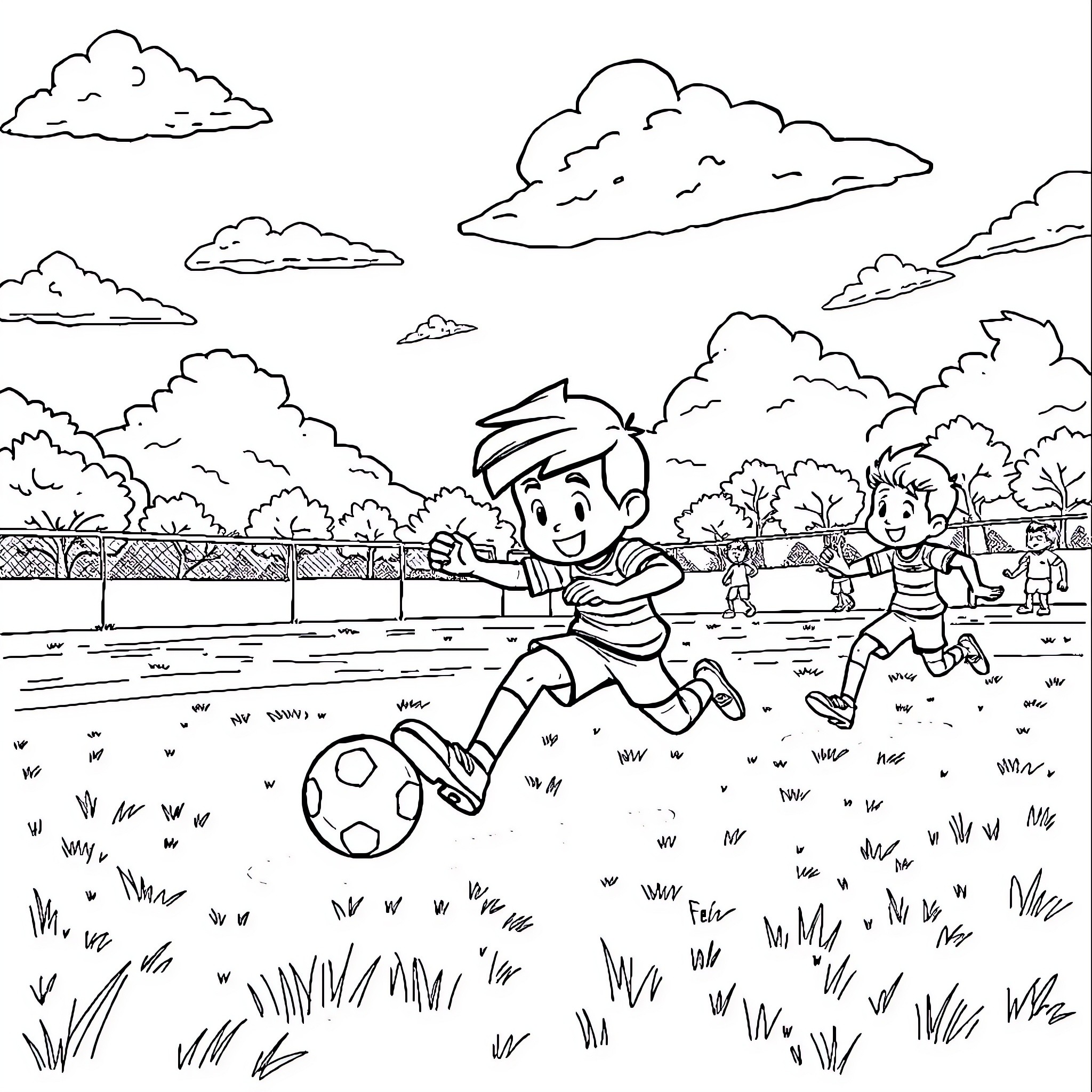 Felix playing soccer on the field Coloring Page (free black-and-white line drawing printable PDF for all, from beginners to advanced learners, including children, teens, adults, and seniors)