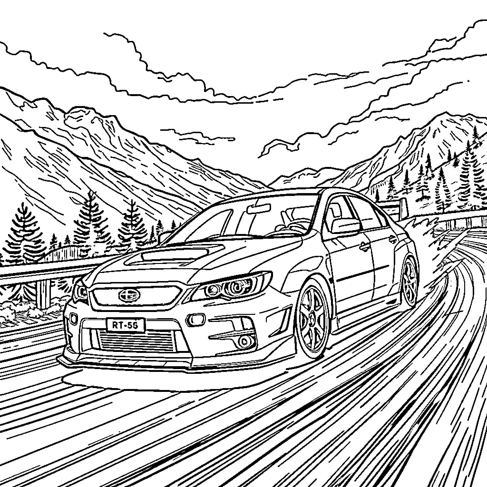 Subaru driving swiftly through the snowy mountain landscape Coloring Page (free black-and-white line drawing printable PDF for all, from beginners to advanced learners, including children, teens, adults, and seniors)