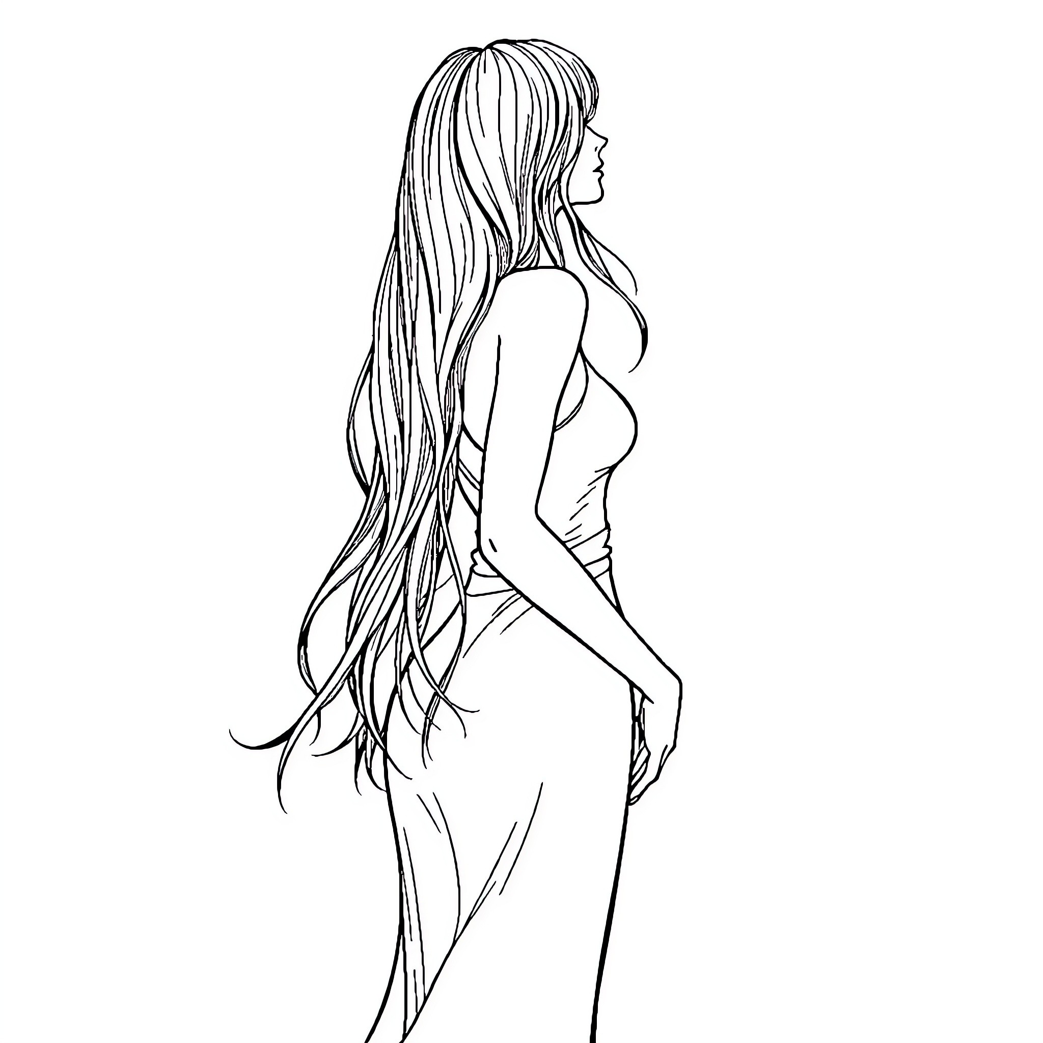 Woman with long flowing hair in profile Coloring Page (free black-and-white line drawing printable PDF for all, from beginners to advanced learners, including children, teens, adults, and seniors)