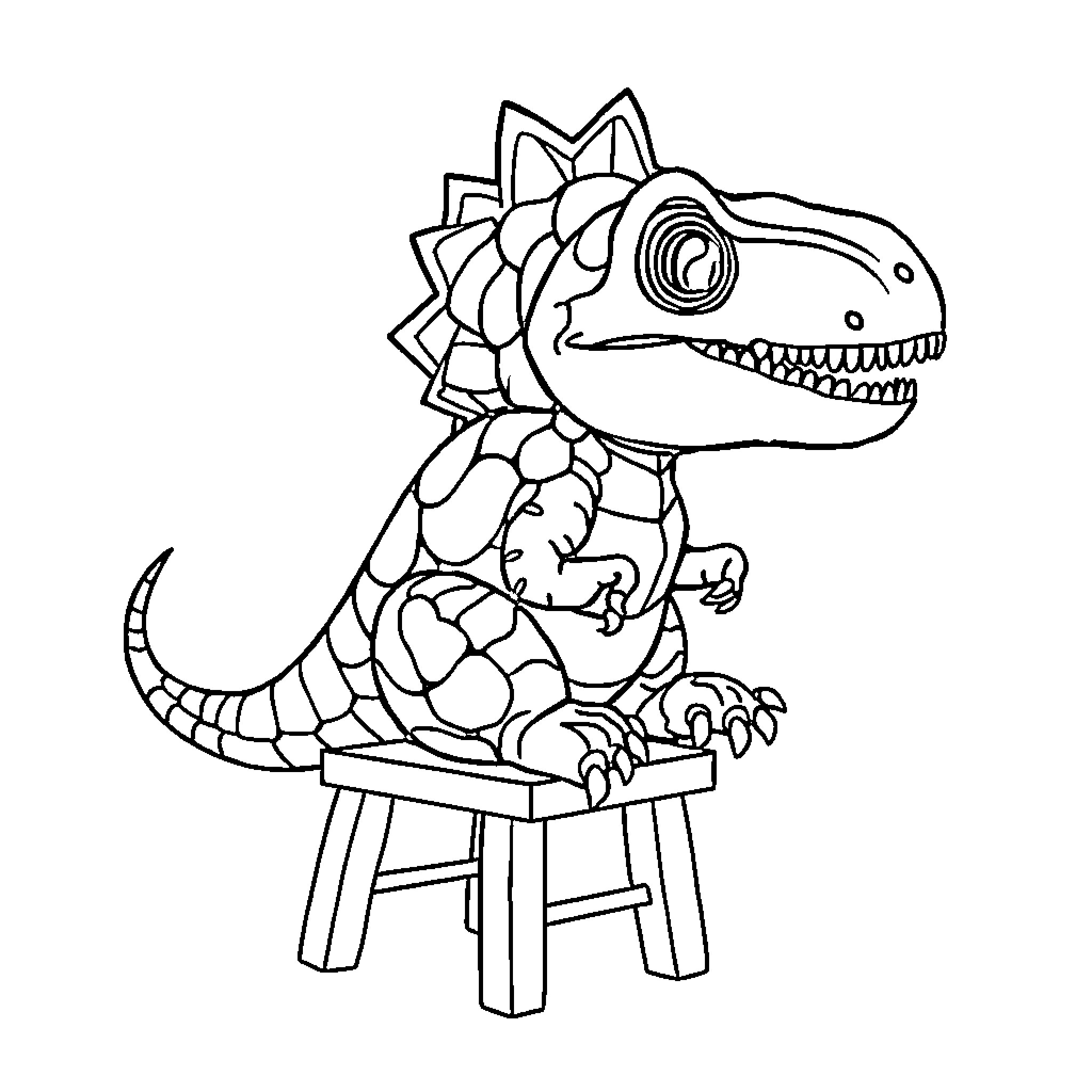 Dinosaur riding a wooden stool Coloring Page (free black-and-white line drawing printable PDF for all, from beginners to advanced learners, including children, teens, adults, and seniors)