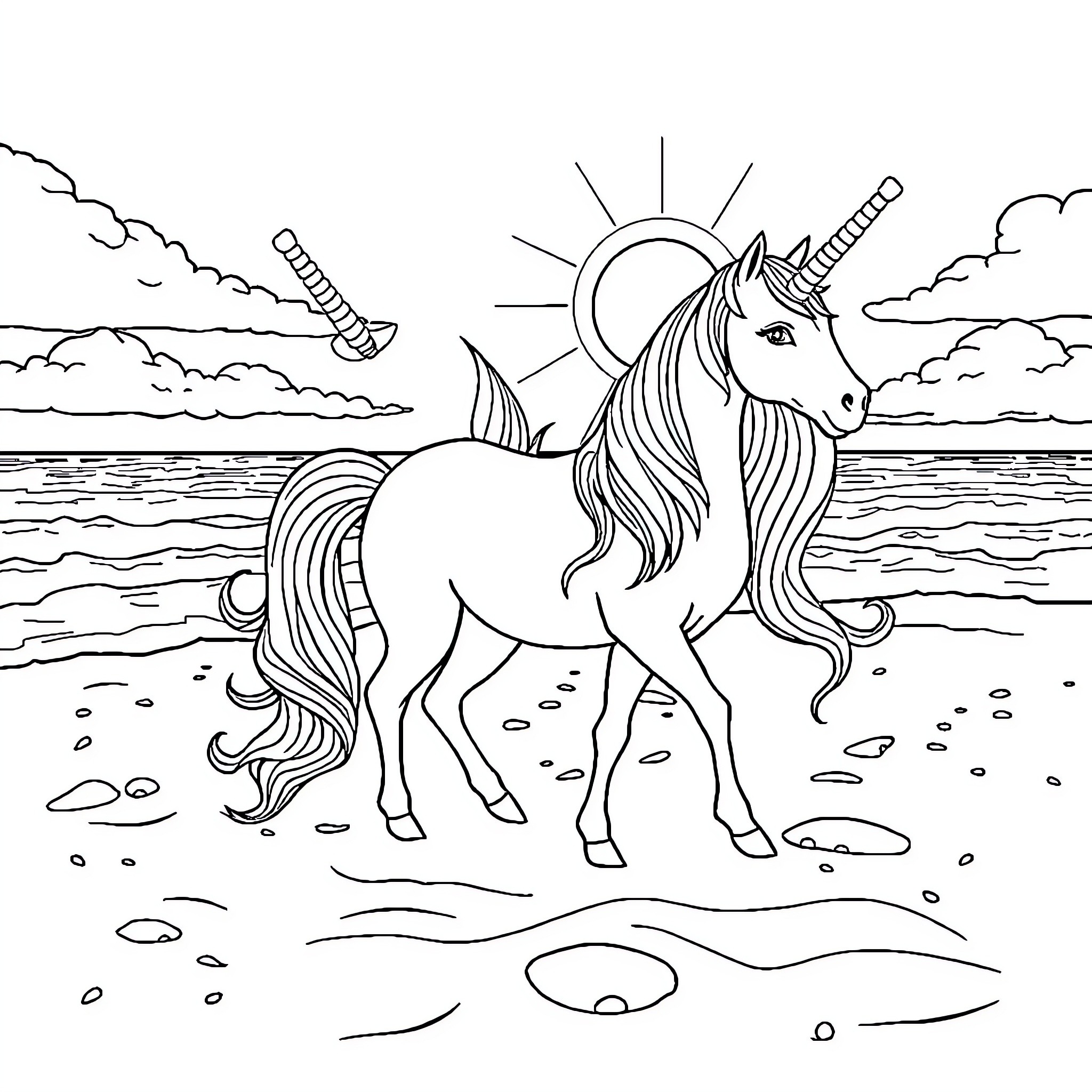 Unicorn standing majestically on the beach Coloring Page (free black-and-white line drawing printable PDF for all, from beginners to advanced learners, including children, teens, adults, and seniors)
