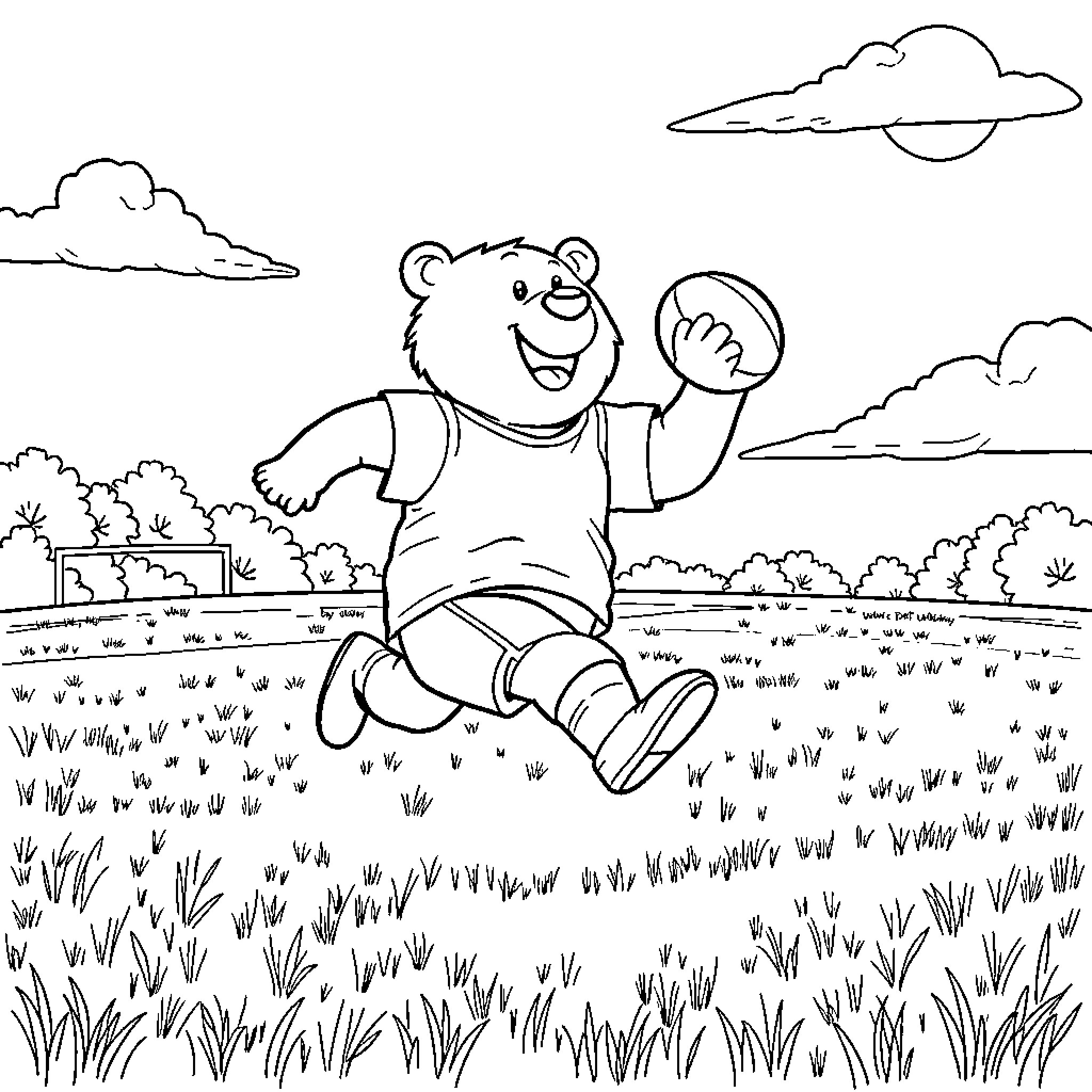Bear playing joyfully in the meadow Coloring Page (free black-and-white line drawing printable PDF for all, from beginners to advanced learners, including children, teens, adults, and seniors)
