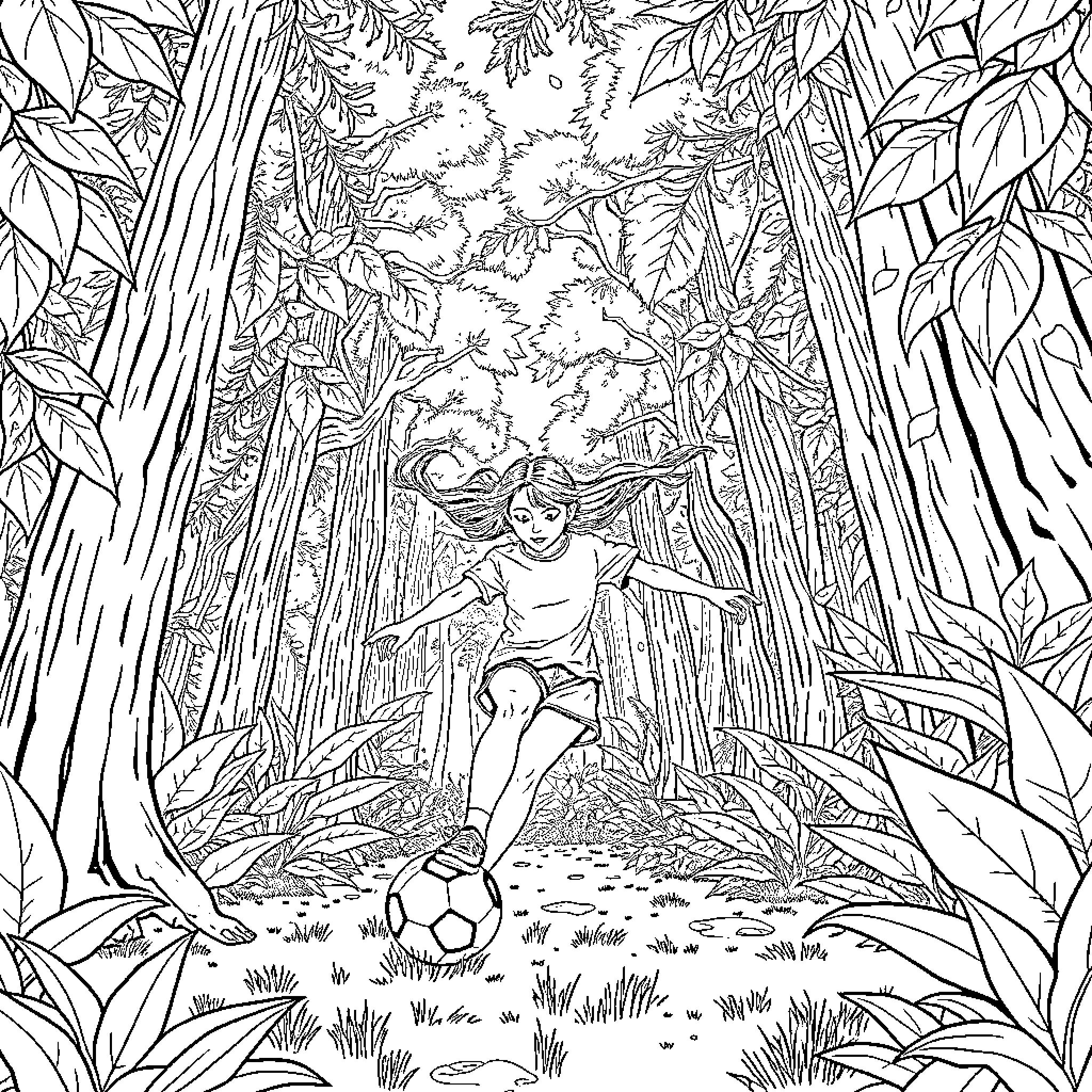 Rumi playing with ball in enchanted forest Coloring Page (free black-and-white line drawing printable PDF for all, from beginners to advanced learners, including children, teens, adults, and seniors)