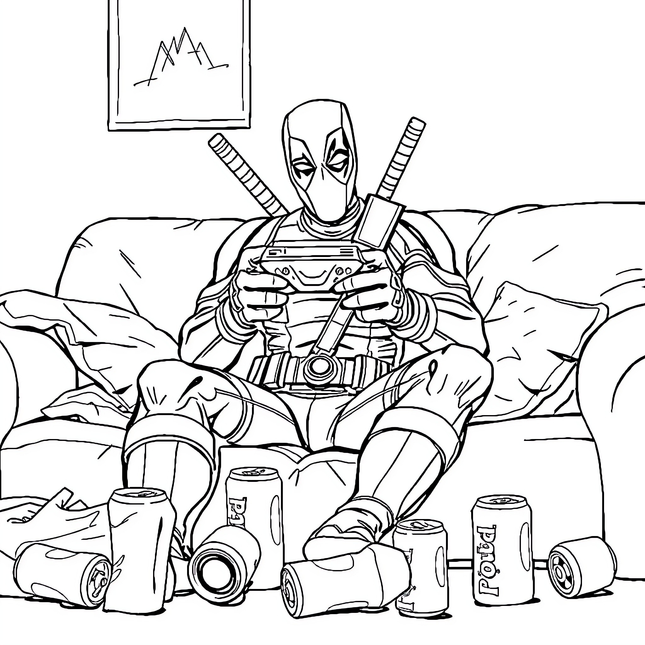 Deadpool relaxing with soda cans and weapons Coloring Page (free black-and-white line drawing printable PDF for all, from beginners to advanced learners, including children, teens, adults, and seniors)