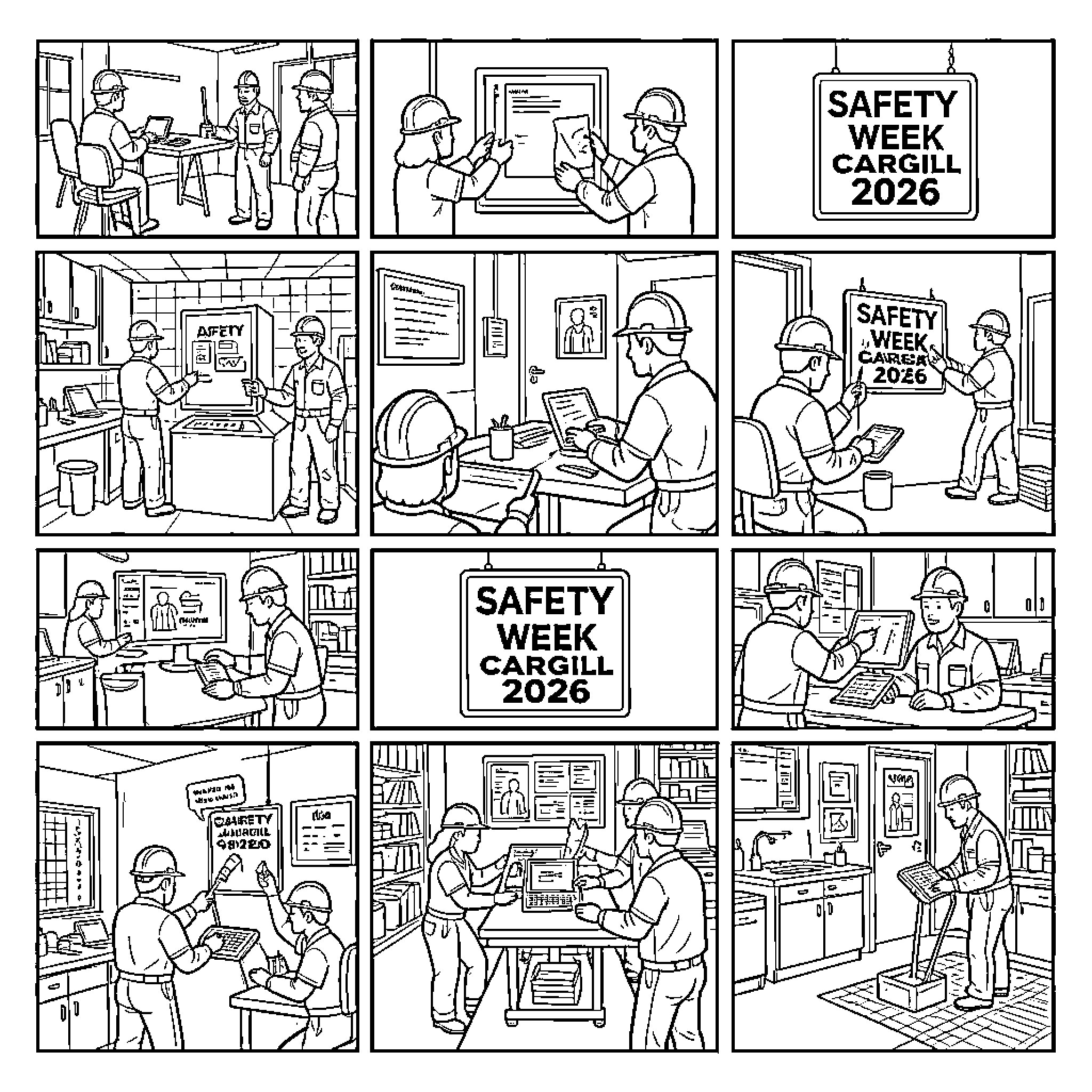 Safety week activities involving workers in industrial settings Coloring Page (free black-and-white line drawing printable PDF for all, from beginners to advanced learners, including children, teens, adults, and seniors)