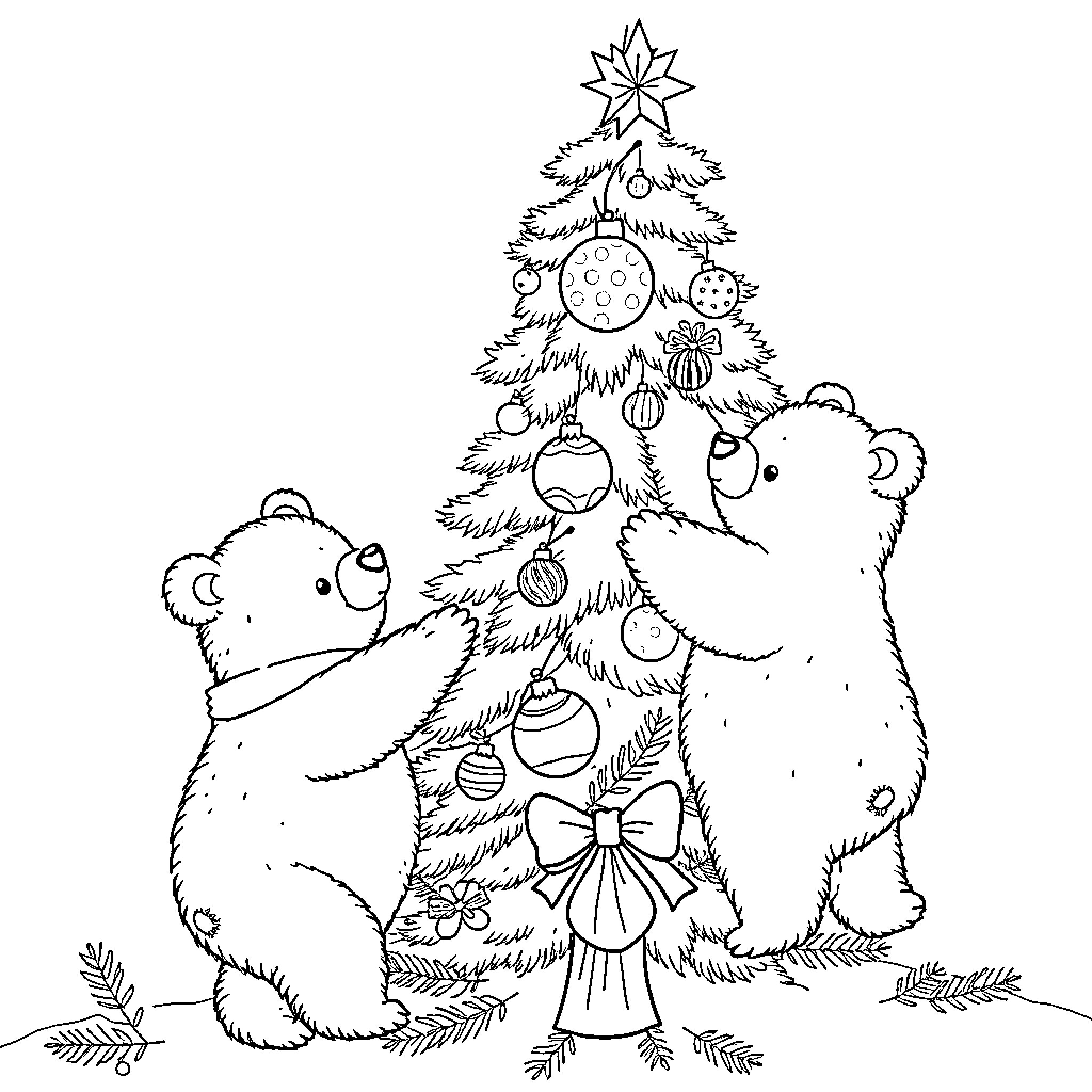Bears decorating Christmas tree together Coloring Page (free black-and-white line drawing printable PDF for all, from beginners to advanced learners, including children, teens, adults, and seniors)