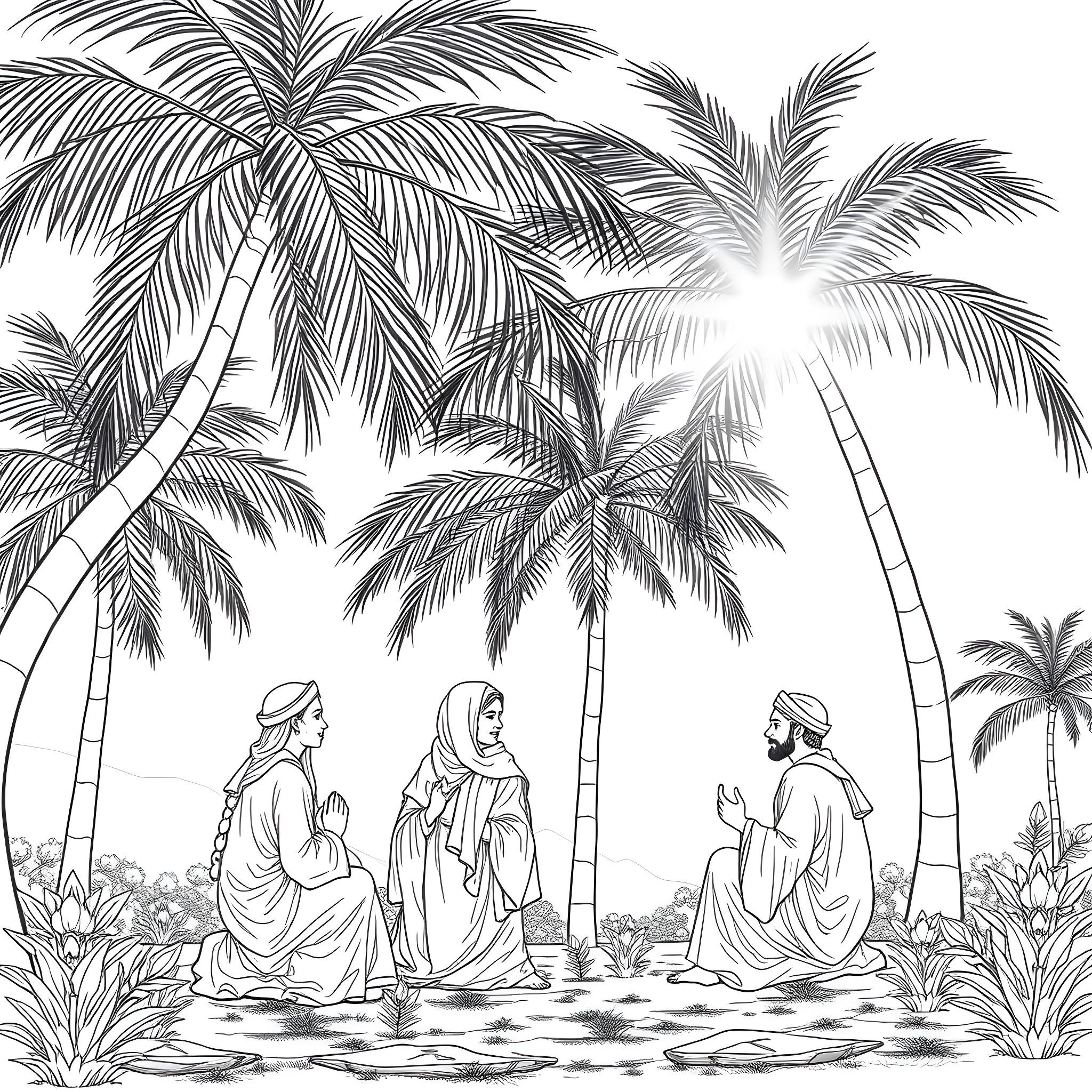 Ahlul Bayt in a Peaceful Gathering under Palm Trees Coloring Page (free black-and-white line drawing printable PDF for all, from beginners to advanced learners, including children, teens, adults, and seniors)