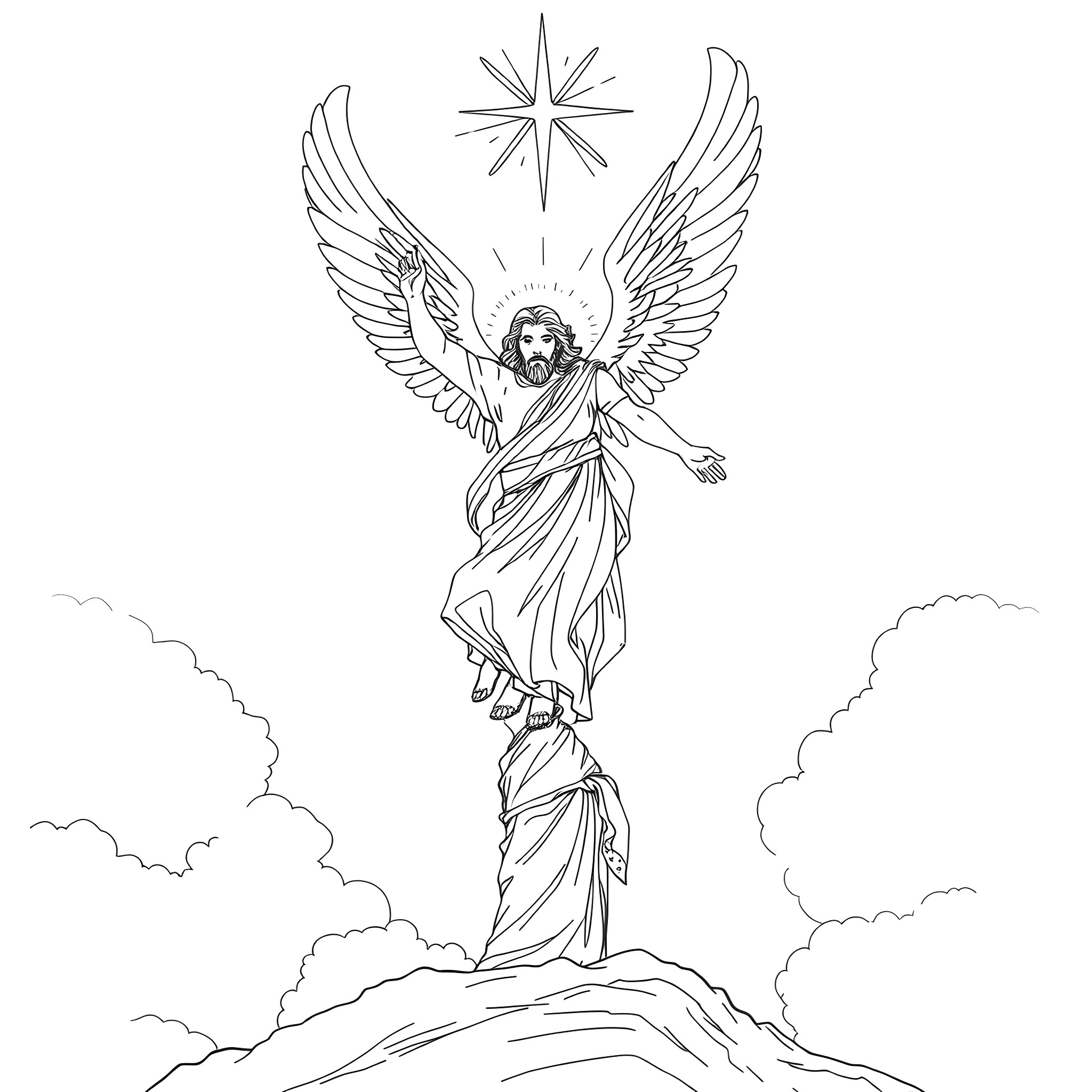 Angel descending from heaven with outstretched wings Coloring Page (free black-and-white line drawing printable PDF for all, from beginners to advanced learners, including children, teens, adults, and seniors)