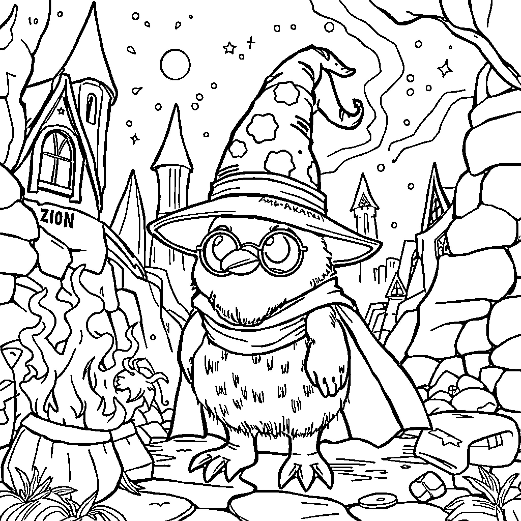 Amazon Peccy the Wizard in a Magical Winter Landscape Coloring Page (free black-and-white line drawing printable PDF for all, from beginners to advanced learners, including children, teens, adults, and seniors)