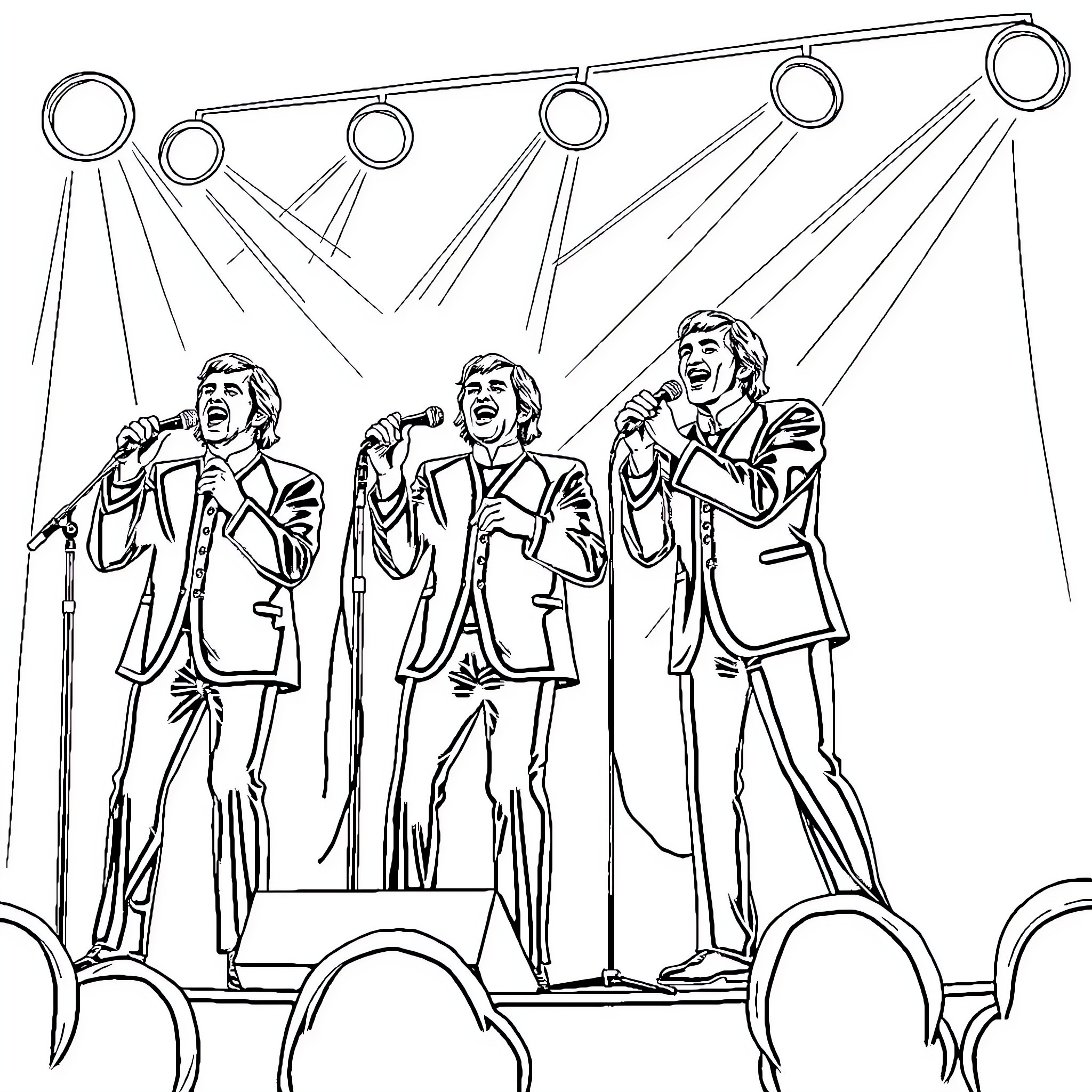 Bee Gees performing on stage with enthusiasm Coloring Page (free black-and-white line drawing printable PDF for all, from beginners to advanced learners, including children, teens, adults, and seniors)