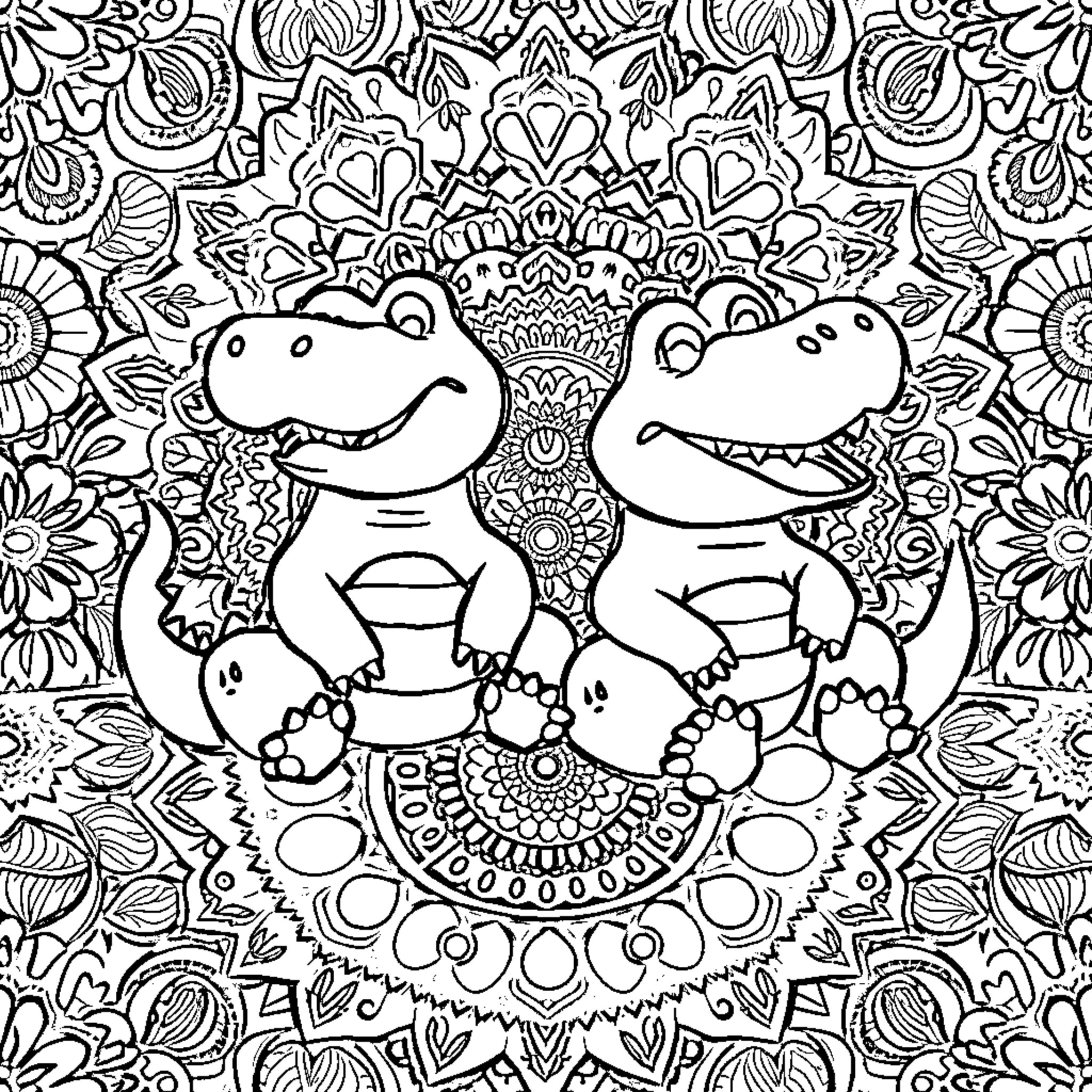 Croc Buddies in Whimsical Mandala Landscape Coloring Page (free black-and-white line drawing printable PDF for all, from beginners to advanced learners, including children, teens, adults, and seniors)
