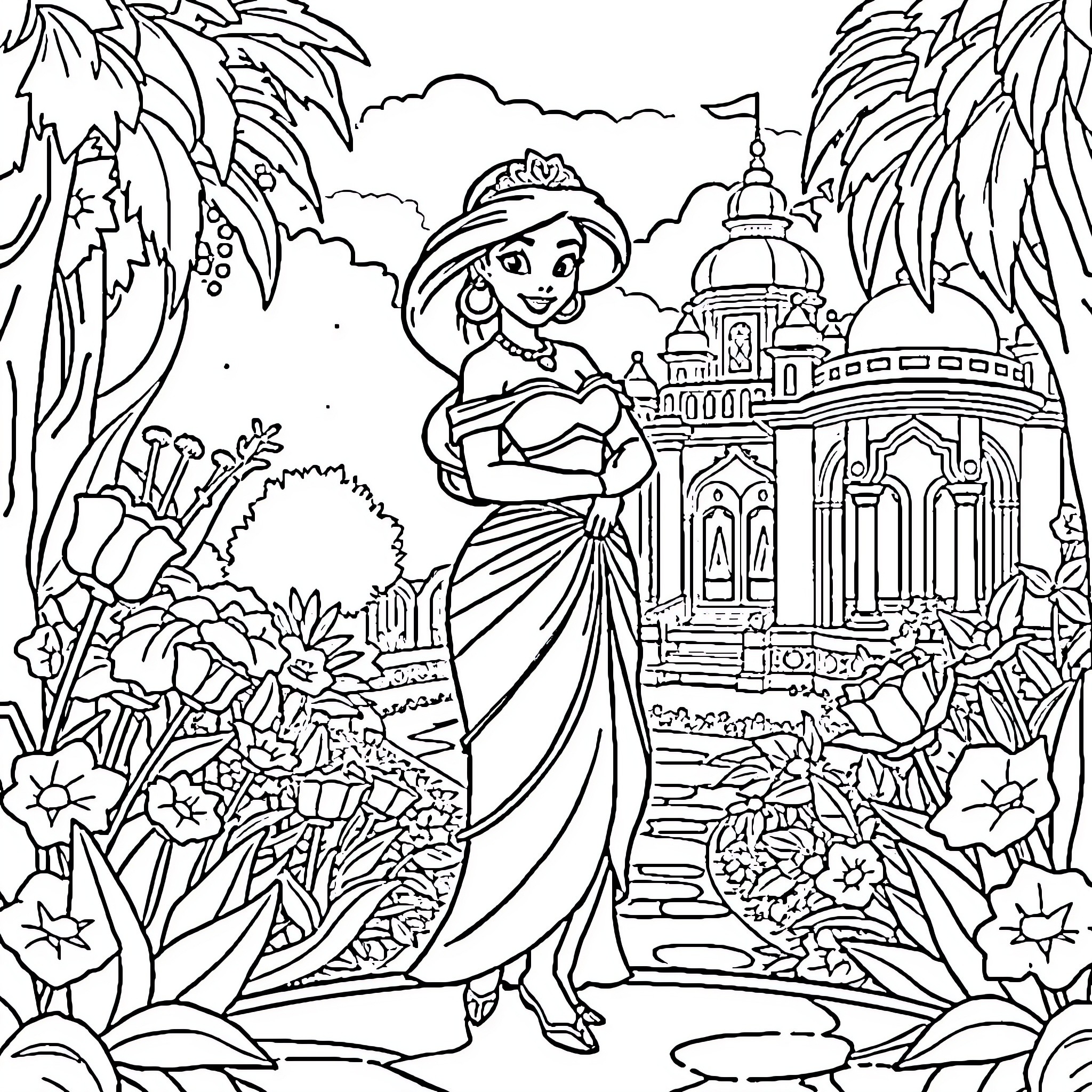 Princess in a lush, tropical garden Coloring Page (free black-and-white line drawing printable PDF for all, from beginners to advanced learners, including children, teens, adults, and seniors)