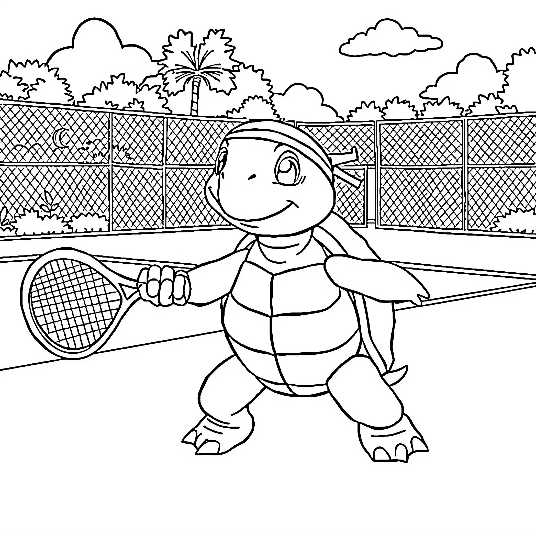 Turtle playing tennis on the court Coloring Page (free black-and-white line drawing printable PDF for all, from beginners to advanced learners, including children, teens, adults, and seniors)
