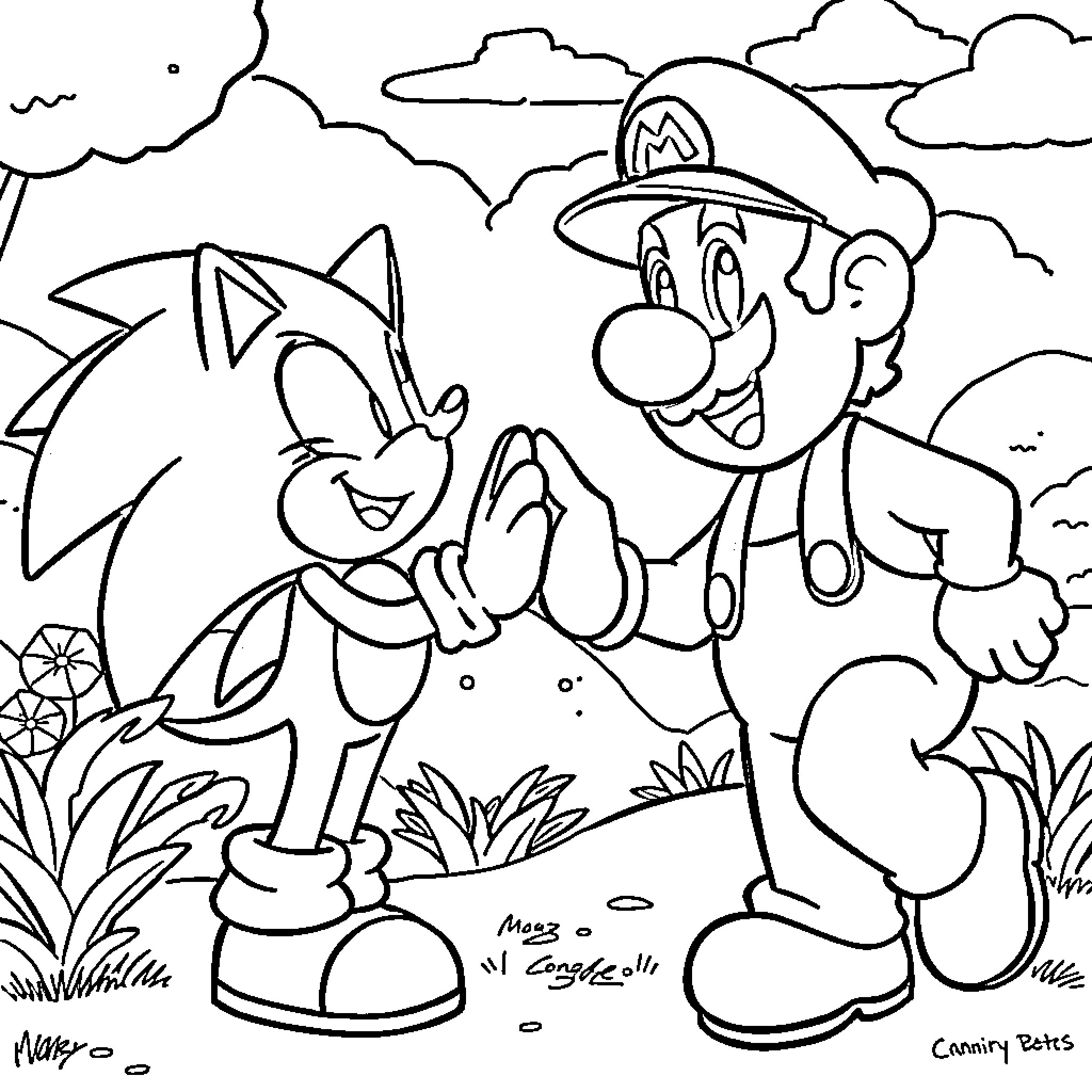 Mario and Sonic's Outdoor Adventure Coloring Page (free black-and-white line drawing printable PDF for all, from beginners to advanced learners, including children, teens, adults, and seniors)