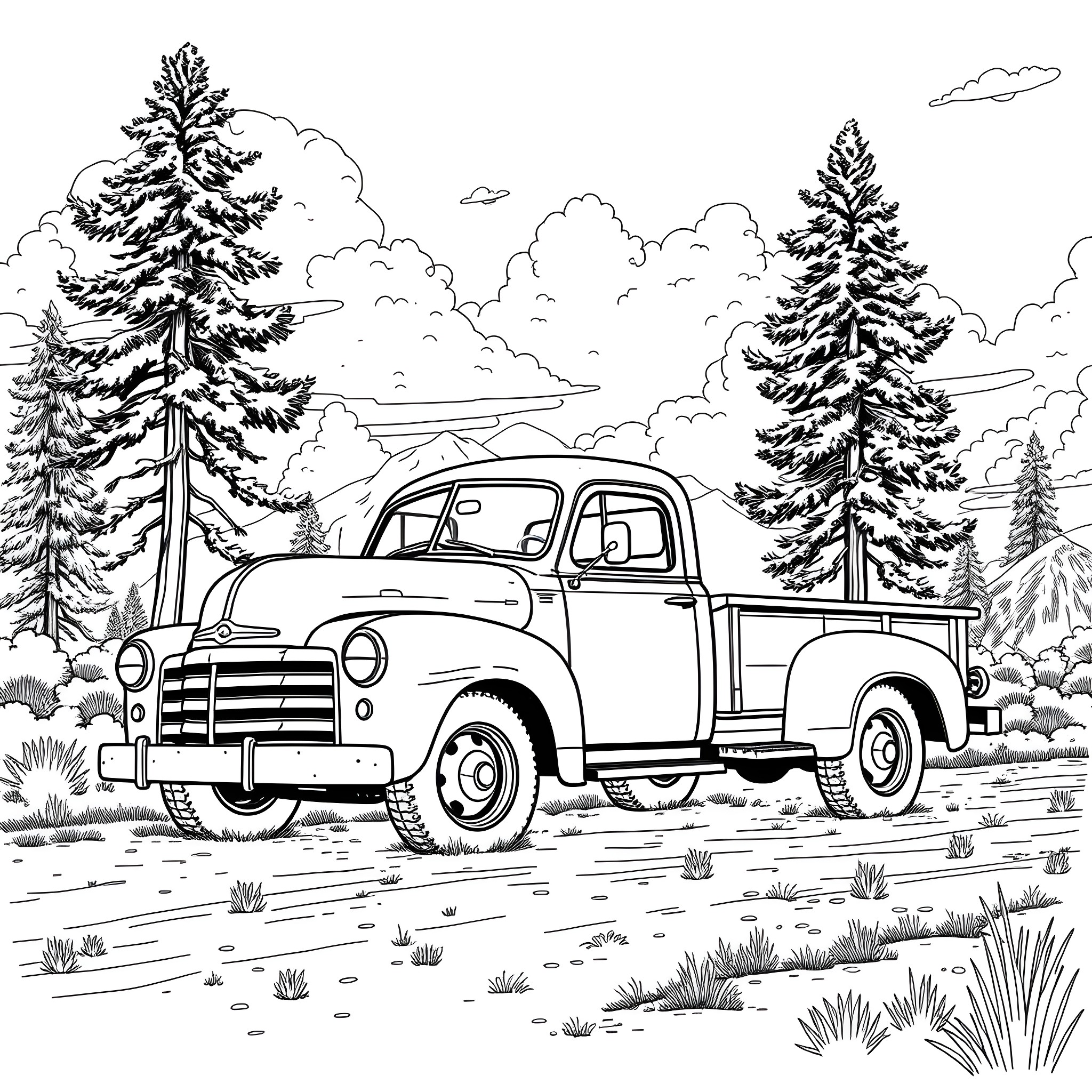 Truck parked in scenic forest landscape Coloring Page (free black-and-white line drawing printable PDF for all, from beginners to advanced learners, including children, teens, adults, and seniors)