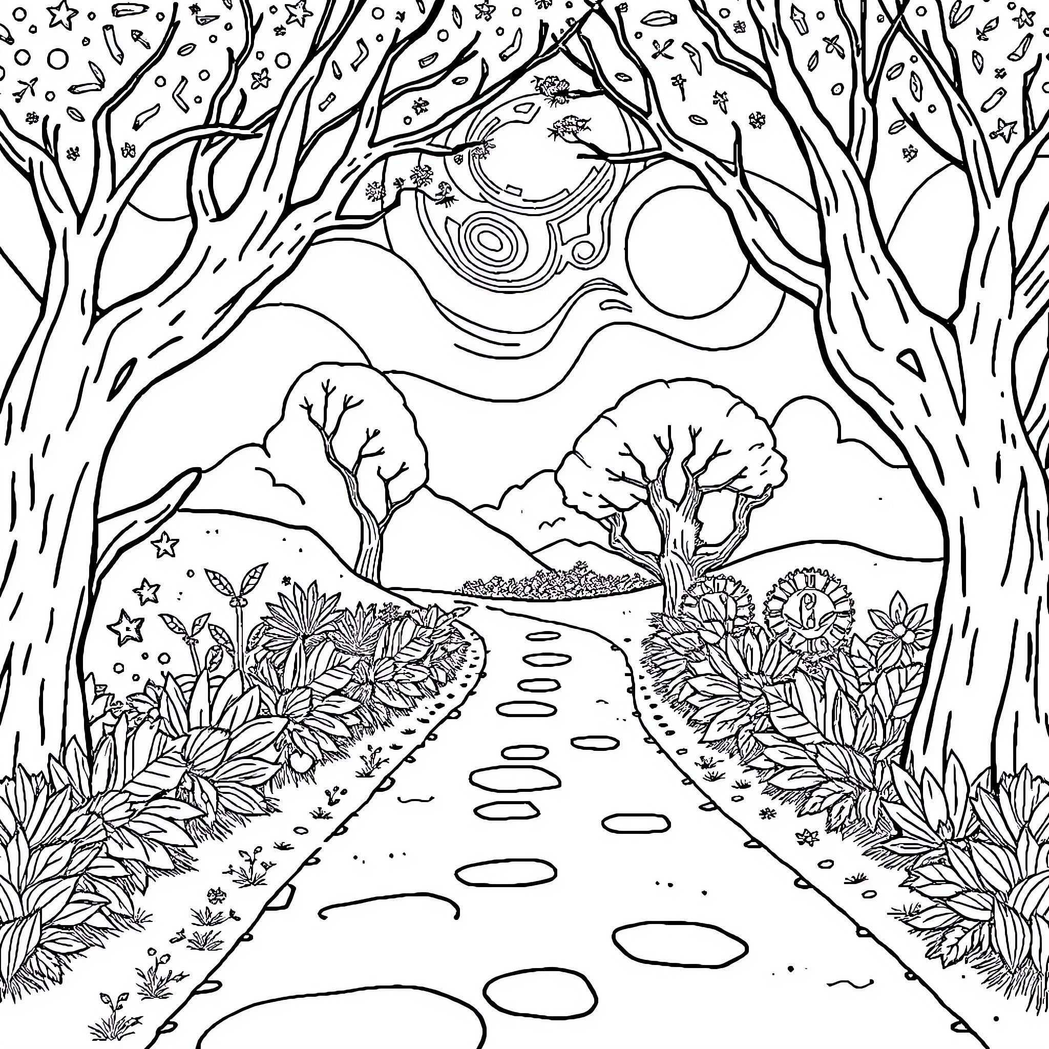 Maze through the magical forest landscape Coloring Page (free black-and-white line drawing printable PDF for all, from beginners to advanced learners, including children, teens, adults, and seniors)