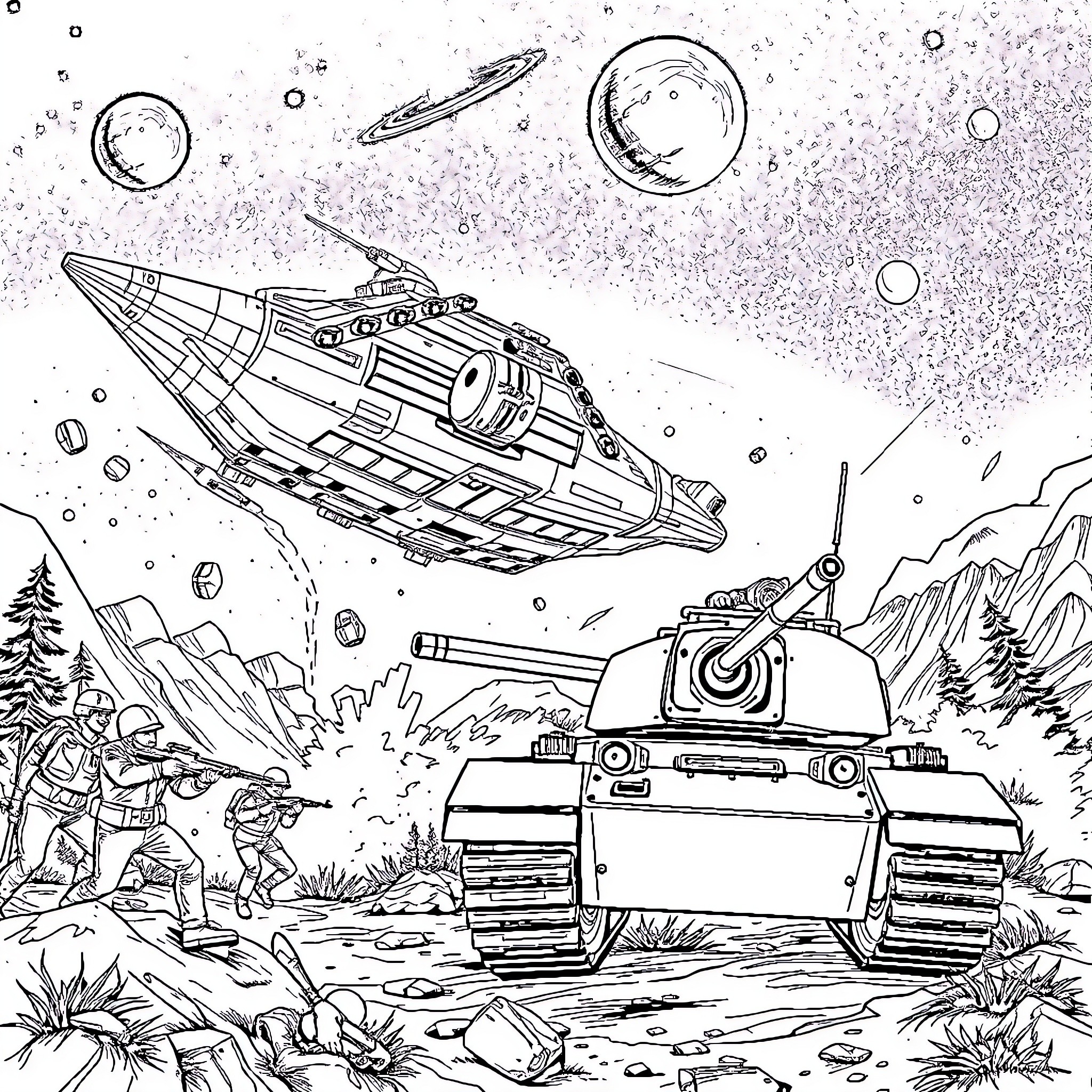 Big Foot Exploring Futuristic Space Vehicles and Tanks Coloring Page (free black-and-white line drawing printable PDF for all, from beginners to advanced learners, including children, teens, adults, and seniors)