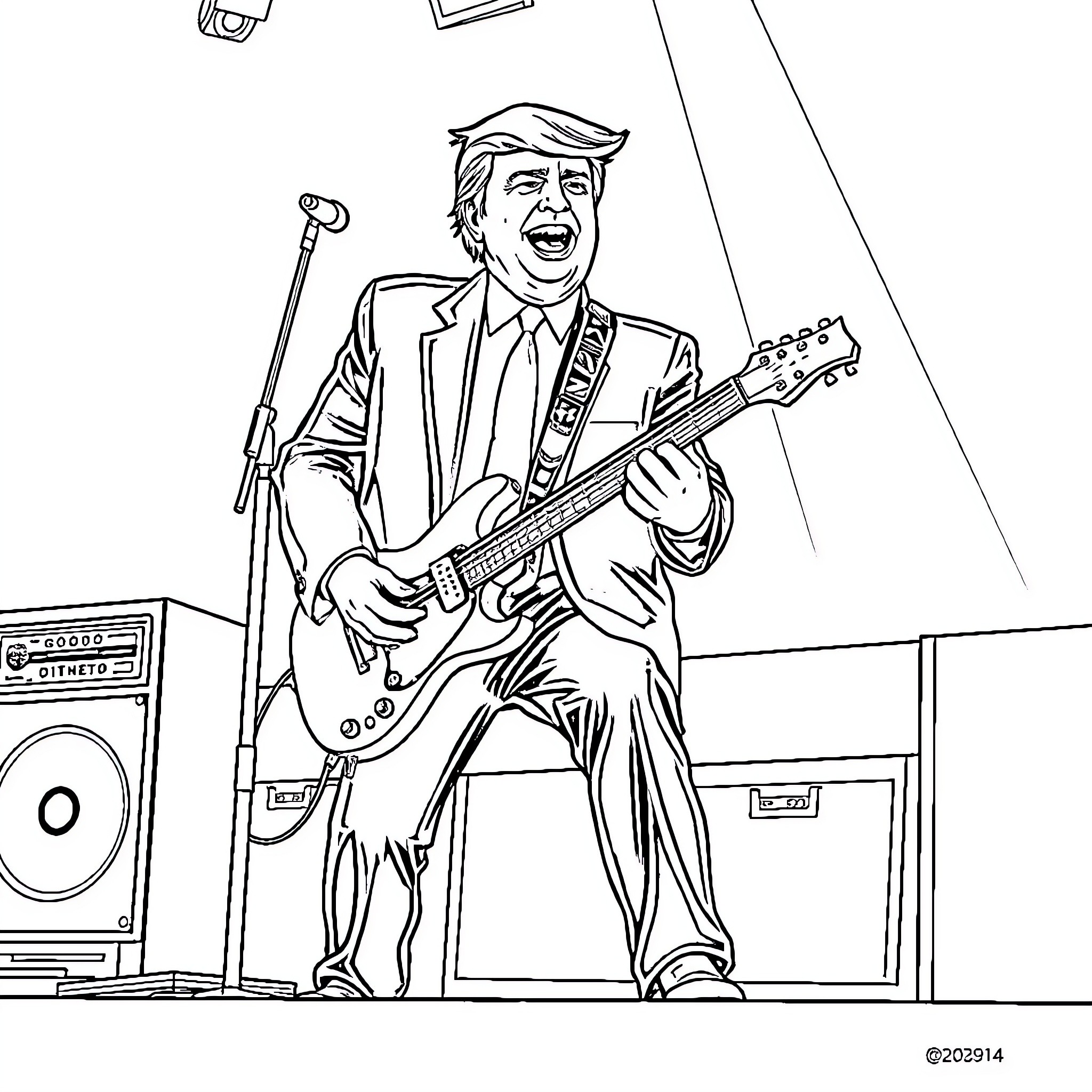 Donald Trump Performing on Stage with Guitar Coloring Page (free black-and-white line drawing printable PDF for all, from beginners to advanced learners, including children, teens, adults, and seniors)