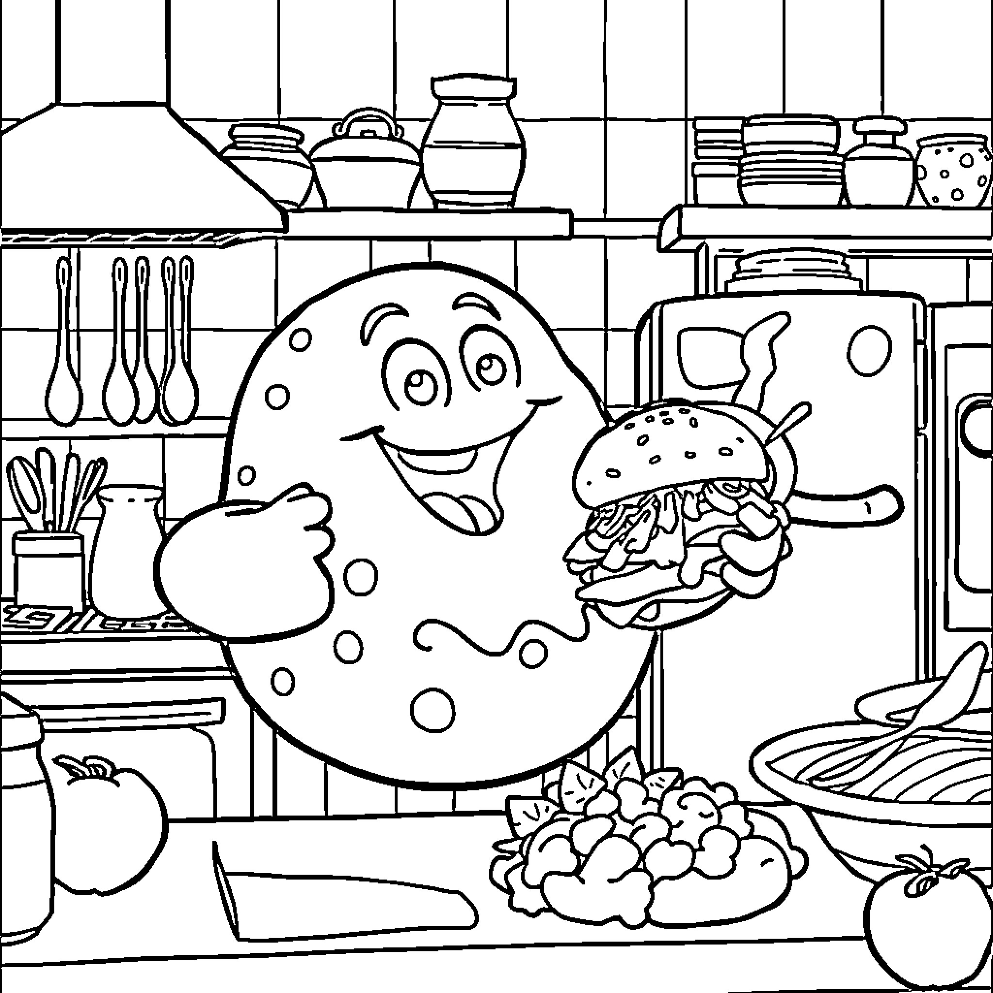 Mr Blobby's Delightful Kitchen Adventure Coloring Page (free black-and-white line drawing printable PDF for all, from beginners to advanced learners, including children, teens, adults, and seniors)