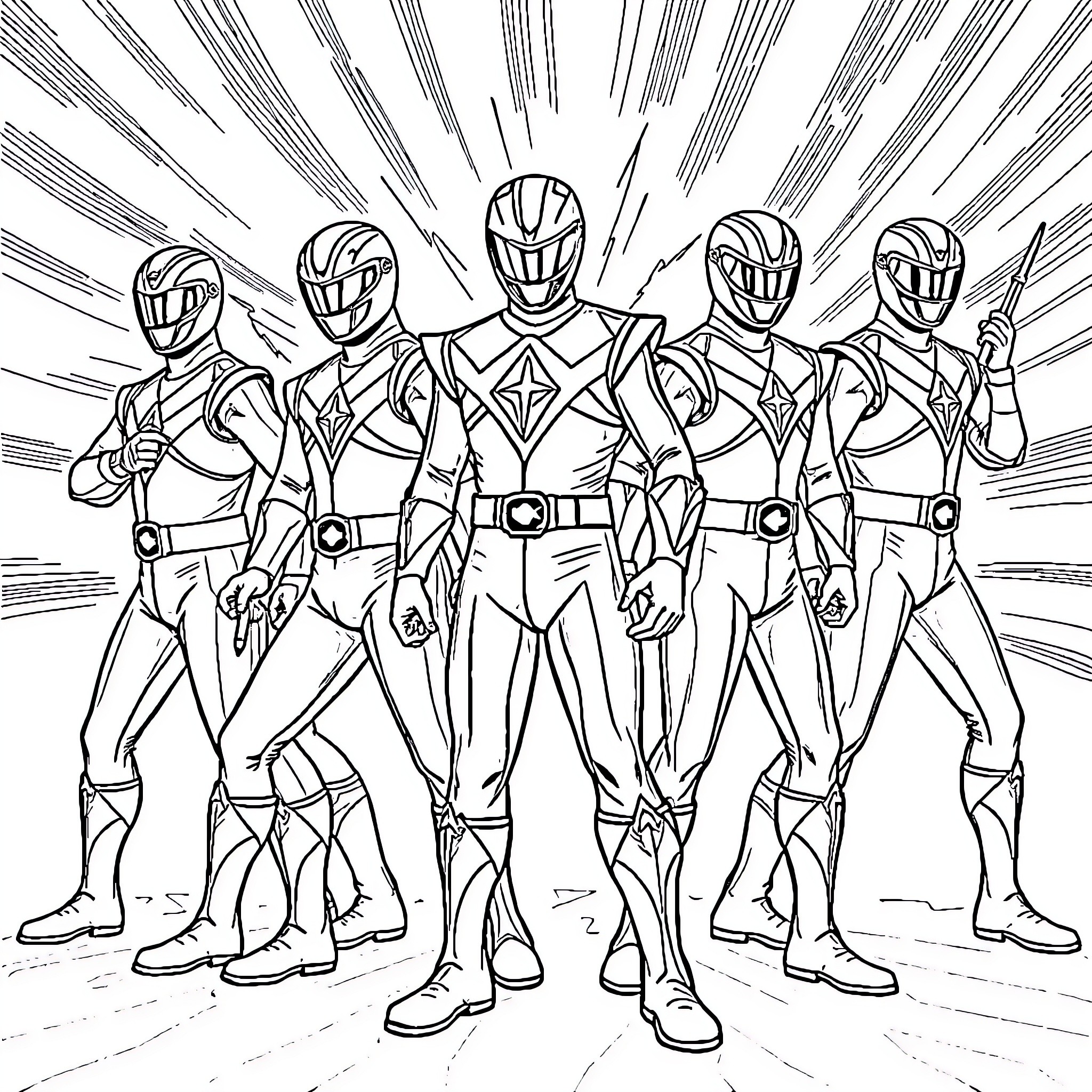 Power Rangers Heroic Team Assembled for Action Coloring Page (free black-and-white line drawing printable PDF for all, from beginners to advanced learners, including children, teens, adults, and seniors)