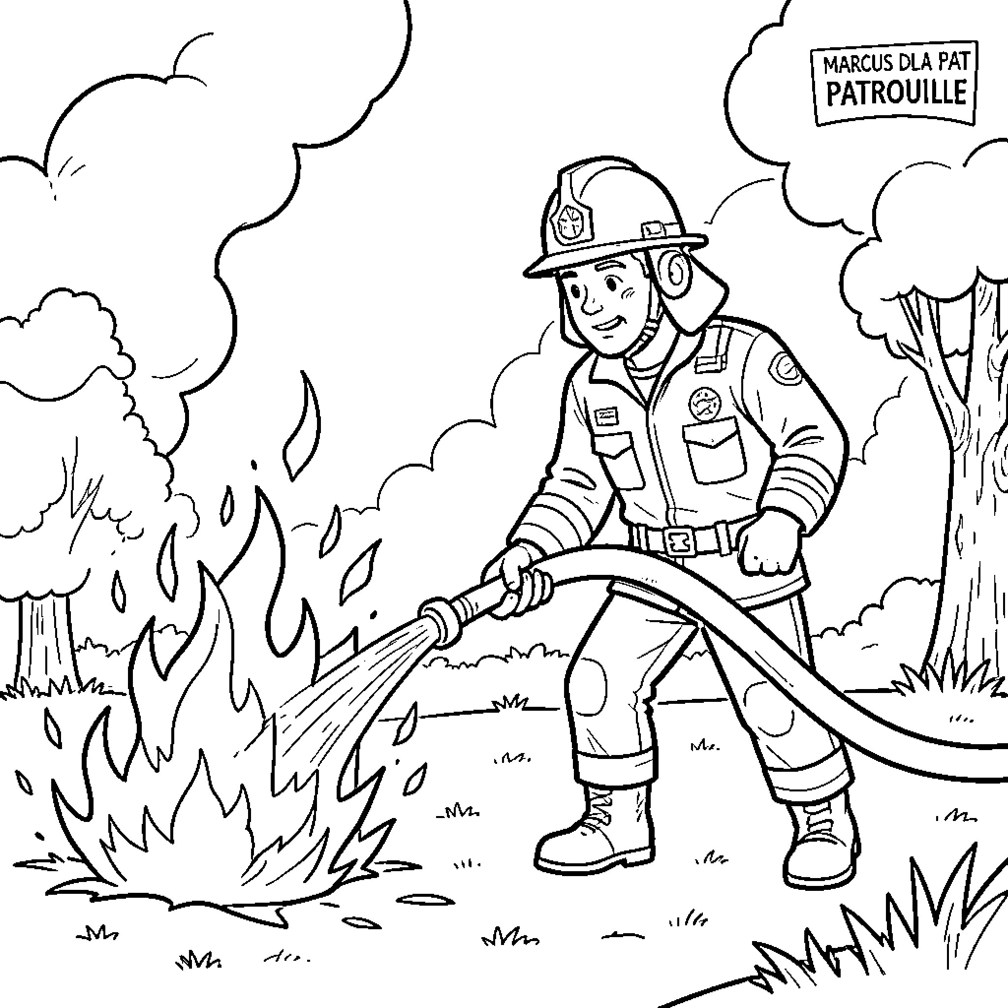 Marcus the firefighter extinguishing a growing fire Coloring Page (free black-and-white line drawing printable PDF for all, from beginners to advanced learners, including children, teens, adults, and seniors)