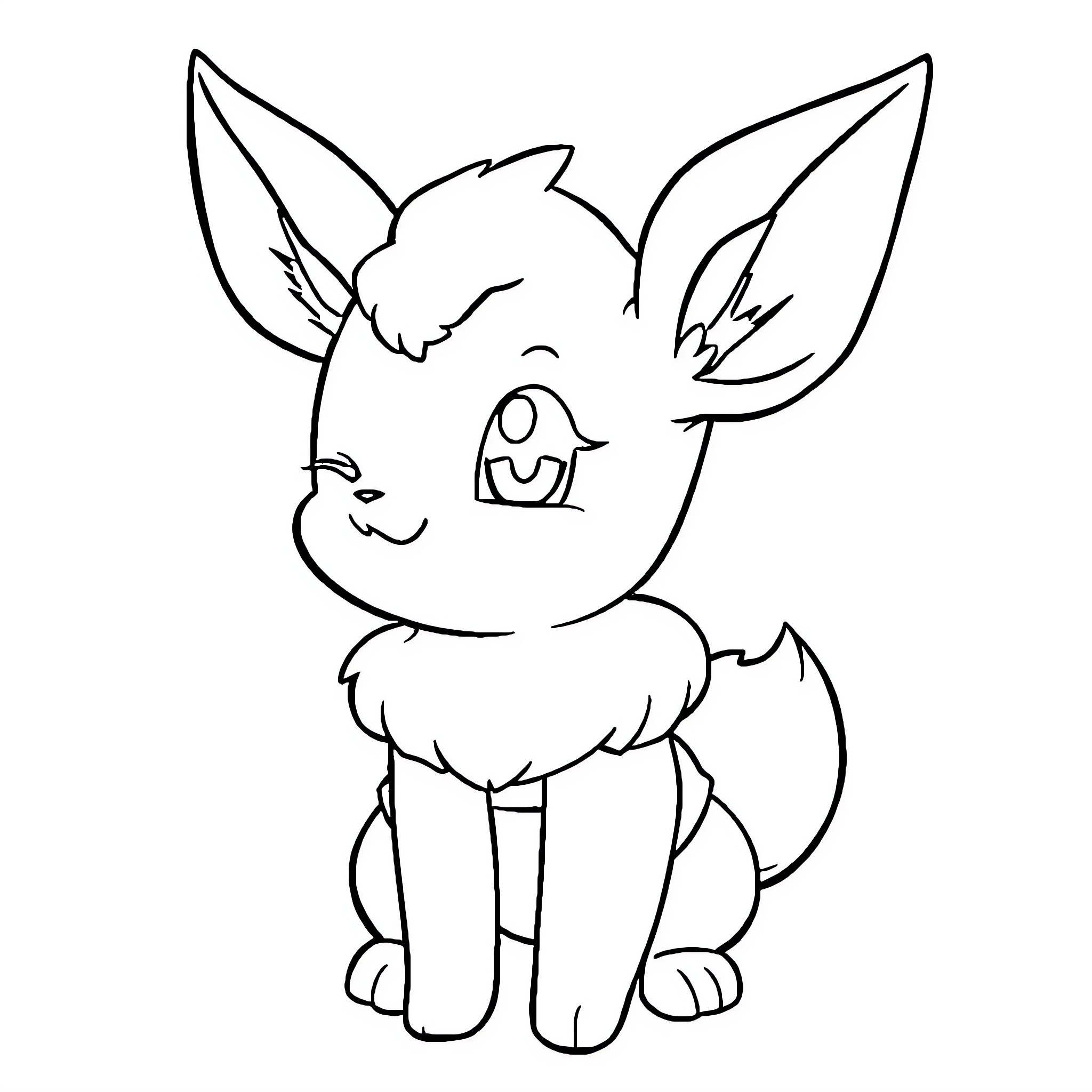 Eevee sitting happily with wide eyes Coloring Page (free black-and-white line drawing printable PDF for all, from beginners to advanced learners, including children, teens, adults, and seniors)