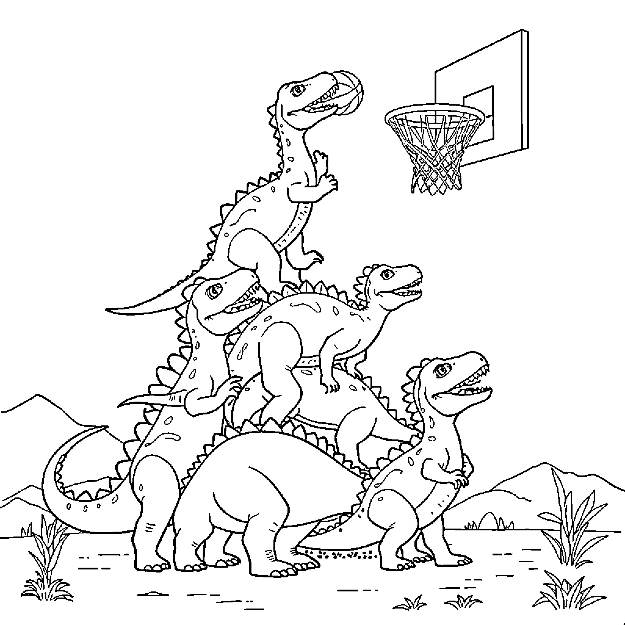 Dinosaurs playing basketball near mountains Coloring Page (free black-and-white line drawing printable PDF for all, from beginners to advanced learners, including children, teens, adults, and seniors)