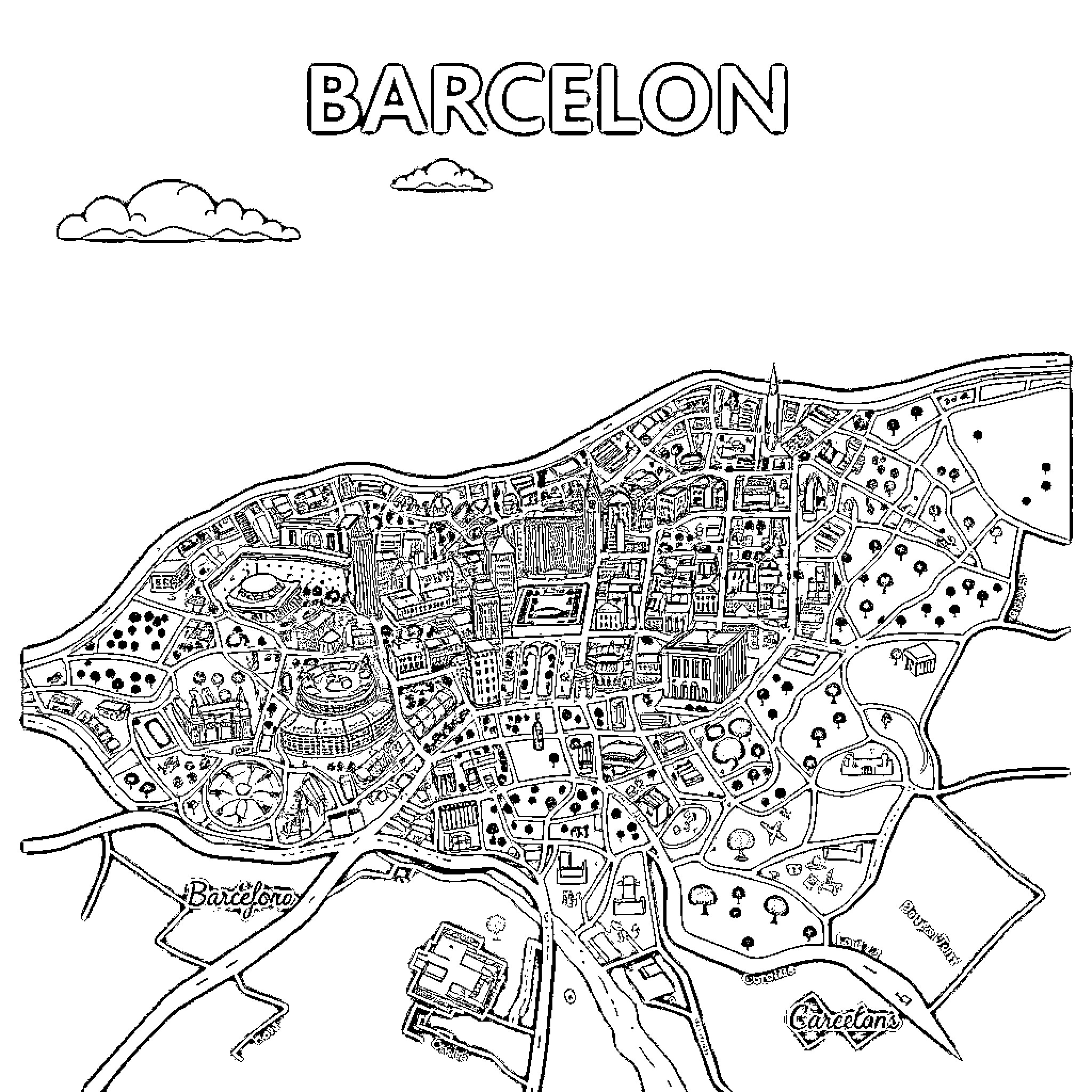 Map of the city with buildings and landmarks Coloring Page (free black-and-white line drawing printable PDF for all, from beginners to advanced learners, including children, teens, adults, and seniors)