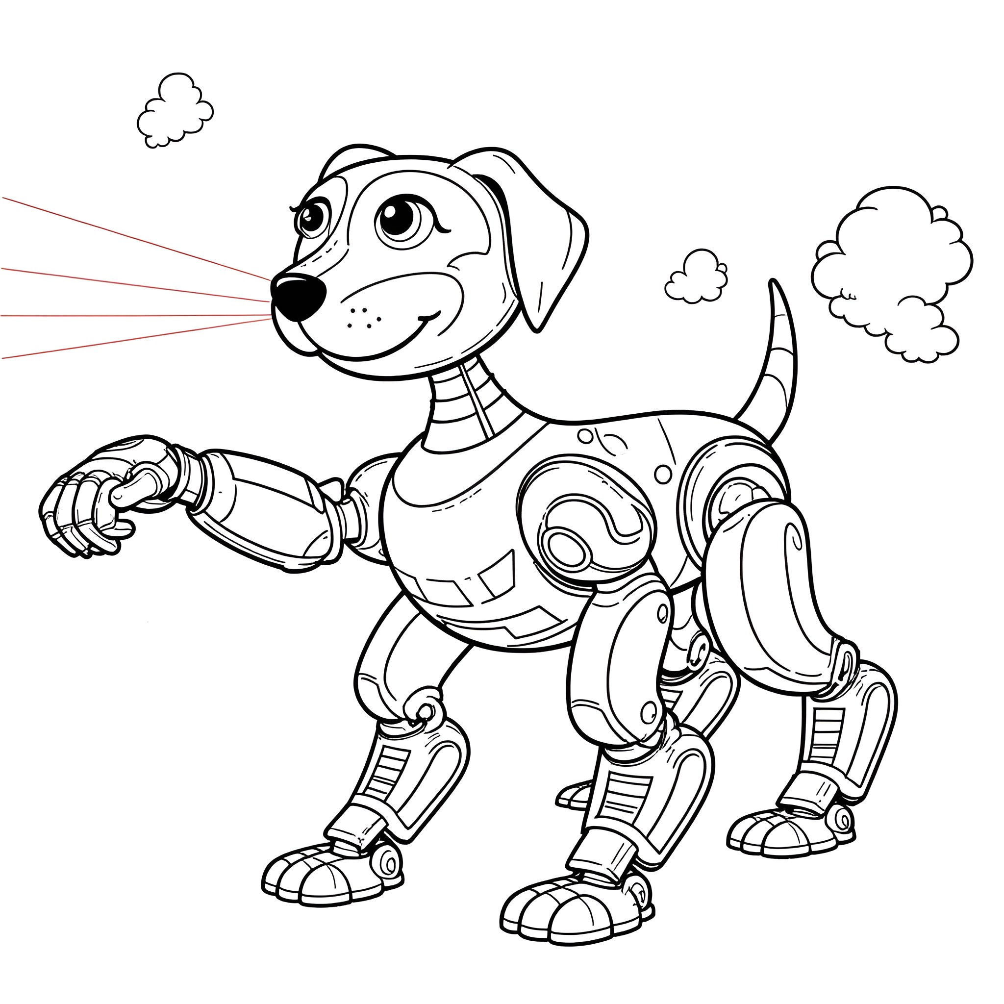 Dog Robot Exploring Outdoors Coloring Page (free black-and-white line drawing printable PDF for all, from beginners to advanced learners, including children, teens, adults, and seniors)
