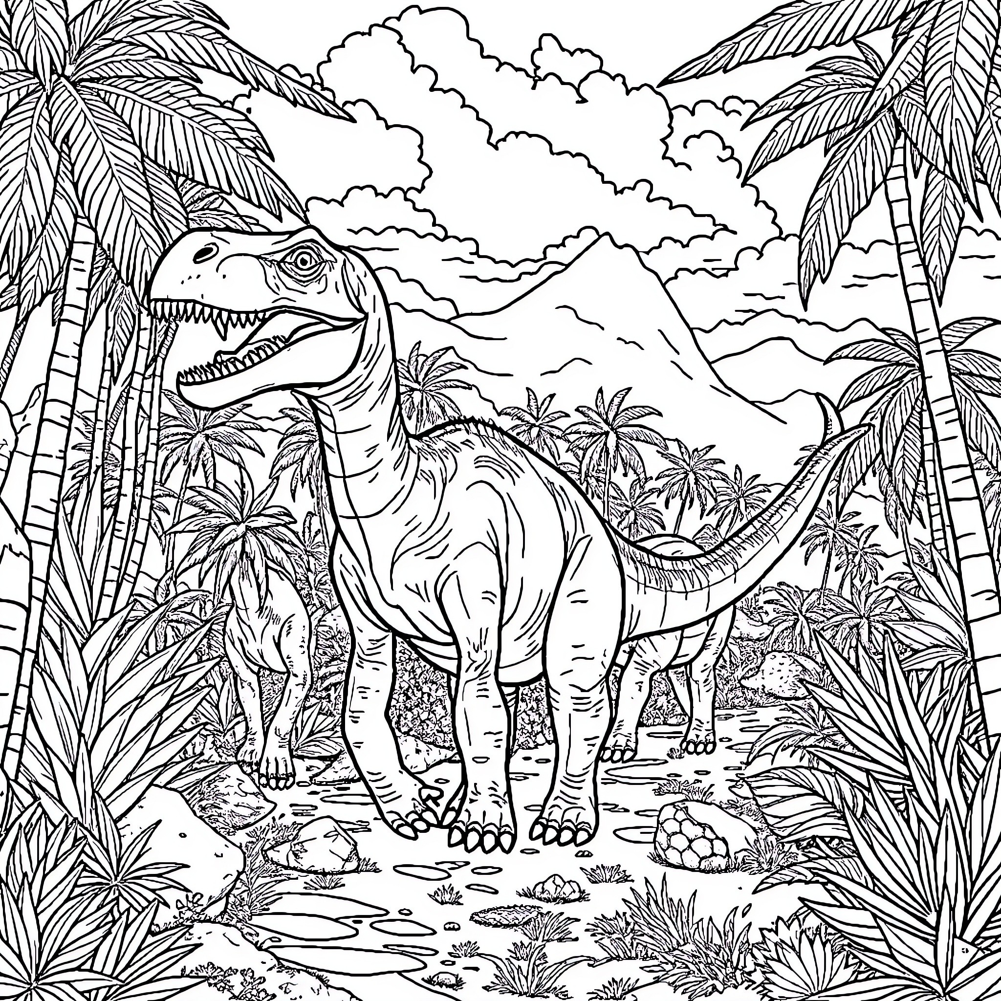 Dinosaur in a Prehistoric Landscape Coloring Page (free black-and-white line drawing printable PDF for all, from beginners to advanced learners, including children, teens, adults, and seniors)