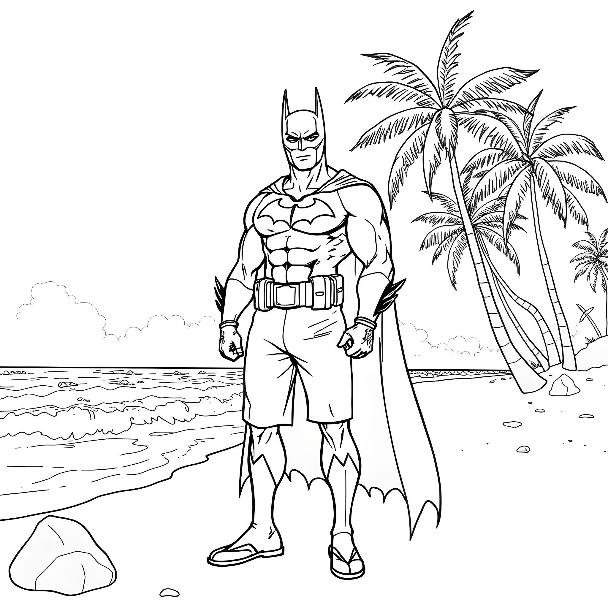 Batman on a tropical beach adventure Coloring Page (free black-and-white line drawing printable PDF for all, from beginners to advanced learners, including children, teens, adults, and seniors)