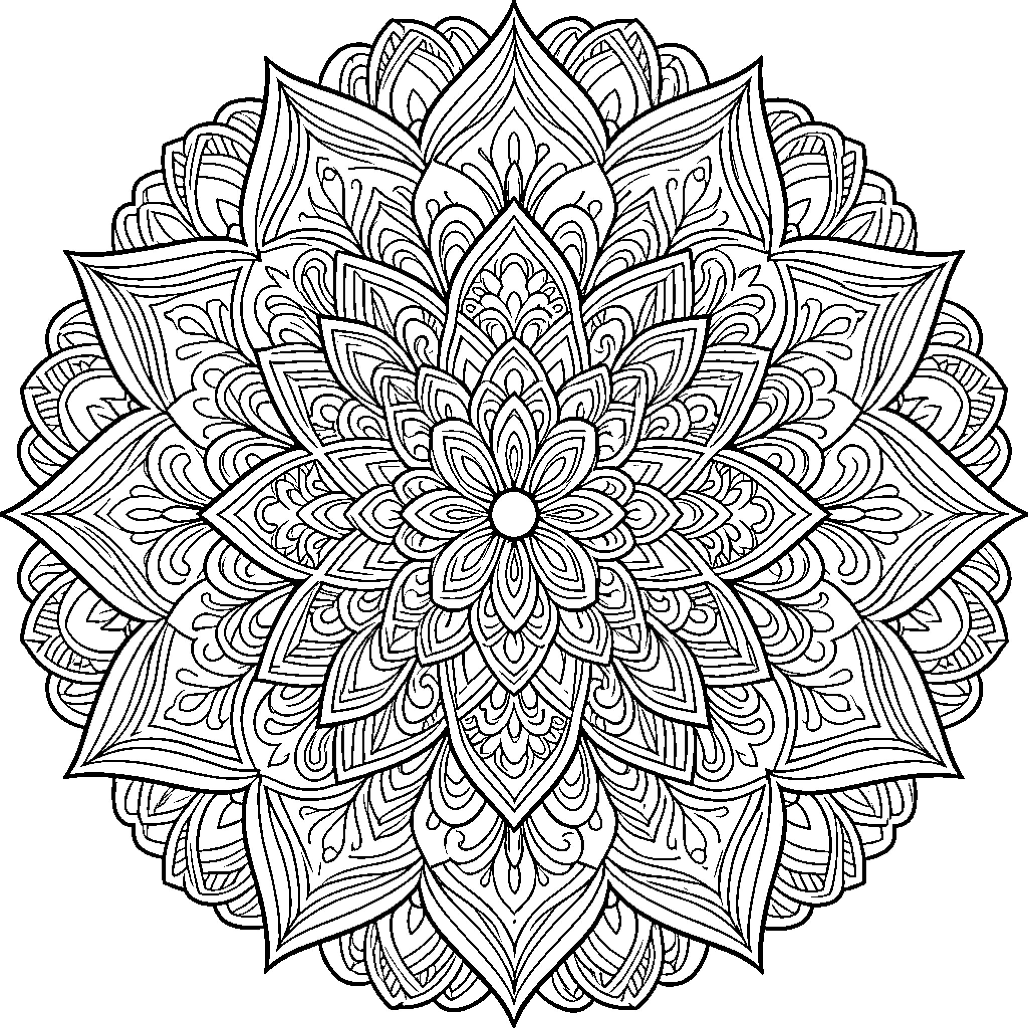 Mandala featuring intricate symmetrical floral patterns Coloring Page (free black-and-white line drawing printable PDF for all, from beginners to advanced learners, including children, teens, adults, and seniors)