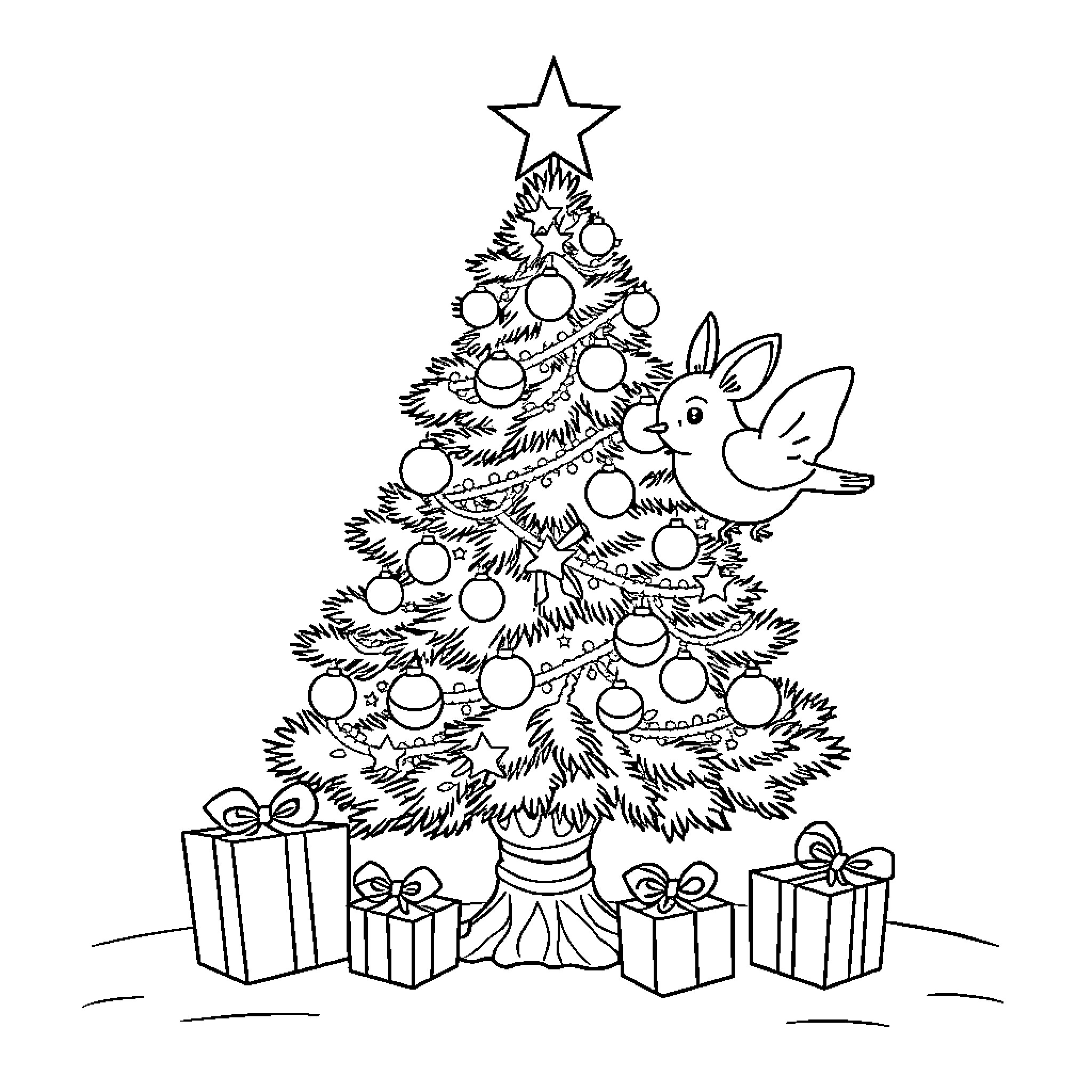 Conejo playing amongst Christmas decorations Coloring Page (free black-and-white line drawing printable PDF for all, from beginners to advanced learners, including children, teens, adults, and seniors)
