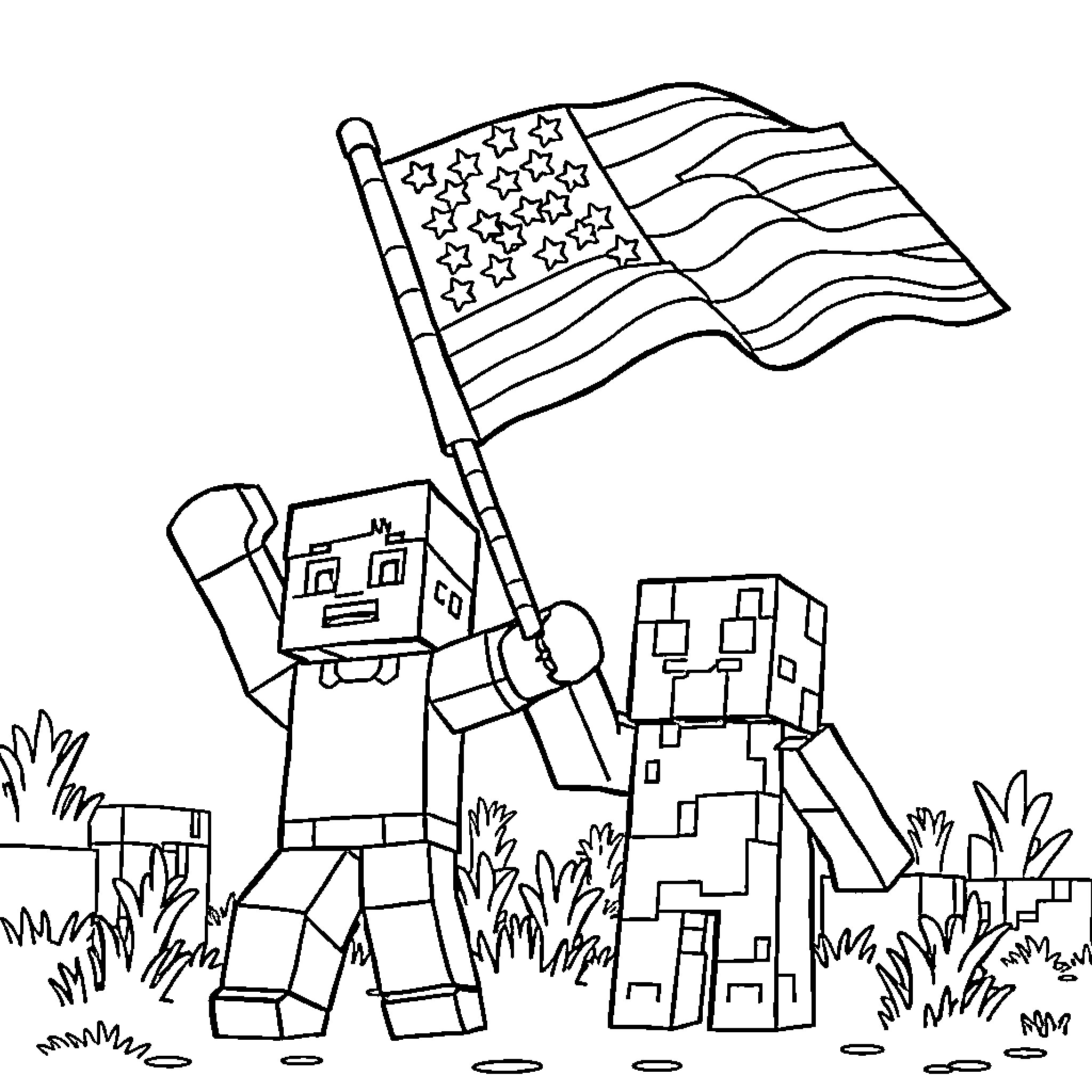 Minecraft Characters Holding American Flag Coloring Page (free black-and-white line drawing printable PDF for all, from beginners to advanced learners, including children, teens, adults, and seniors)